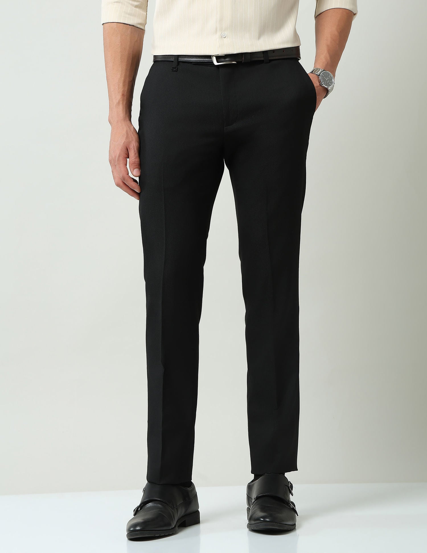 Corporate Core Textured Mid Rise Regular Fit Trousers