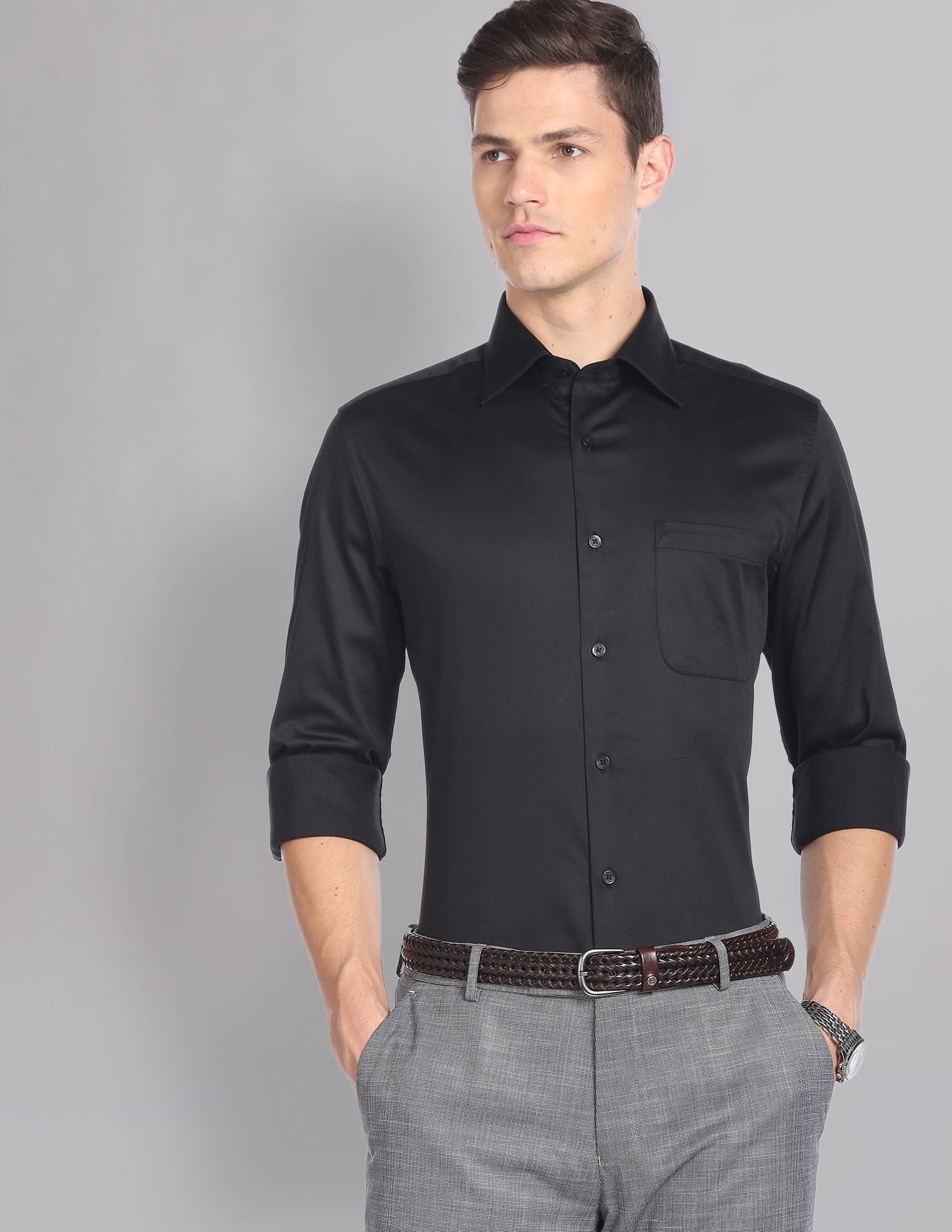 Stylish Cutaway Collar Solid Satin Formal Shirt