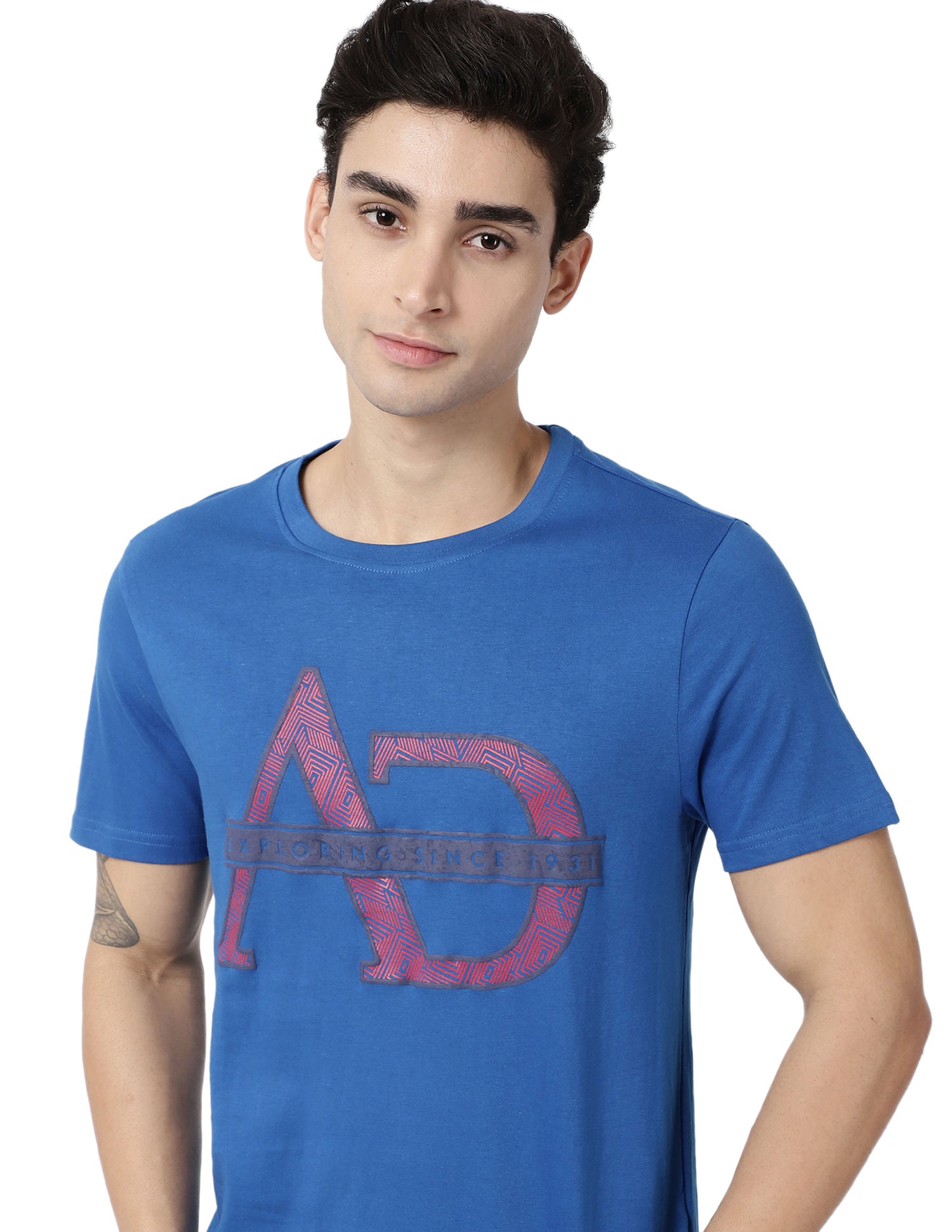 Refined-Edge Crew Neck Brand Print Cotton T-Shirt