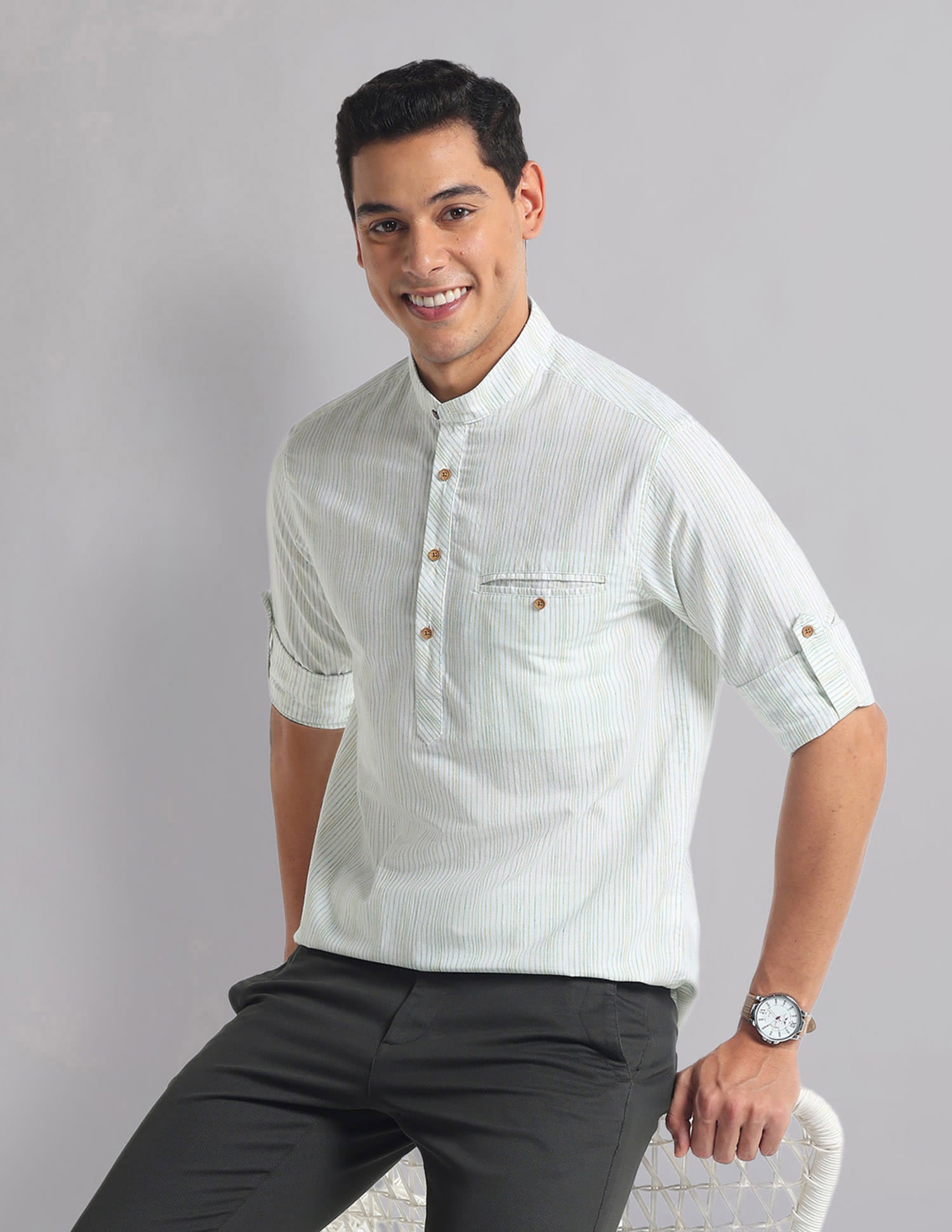 Vertical Stripe Mandarin Collar Indie Shirt