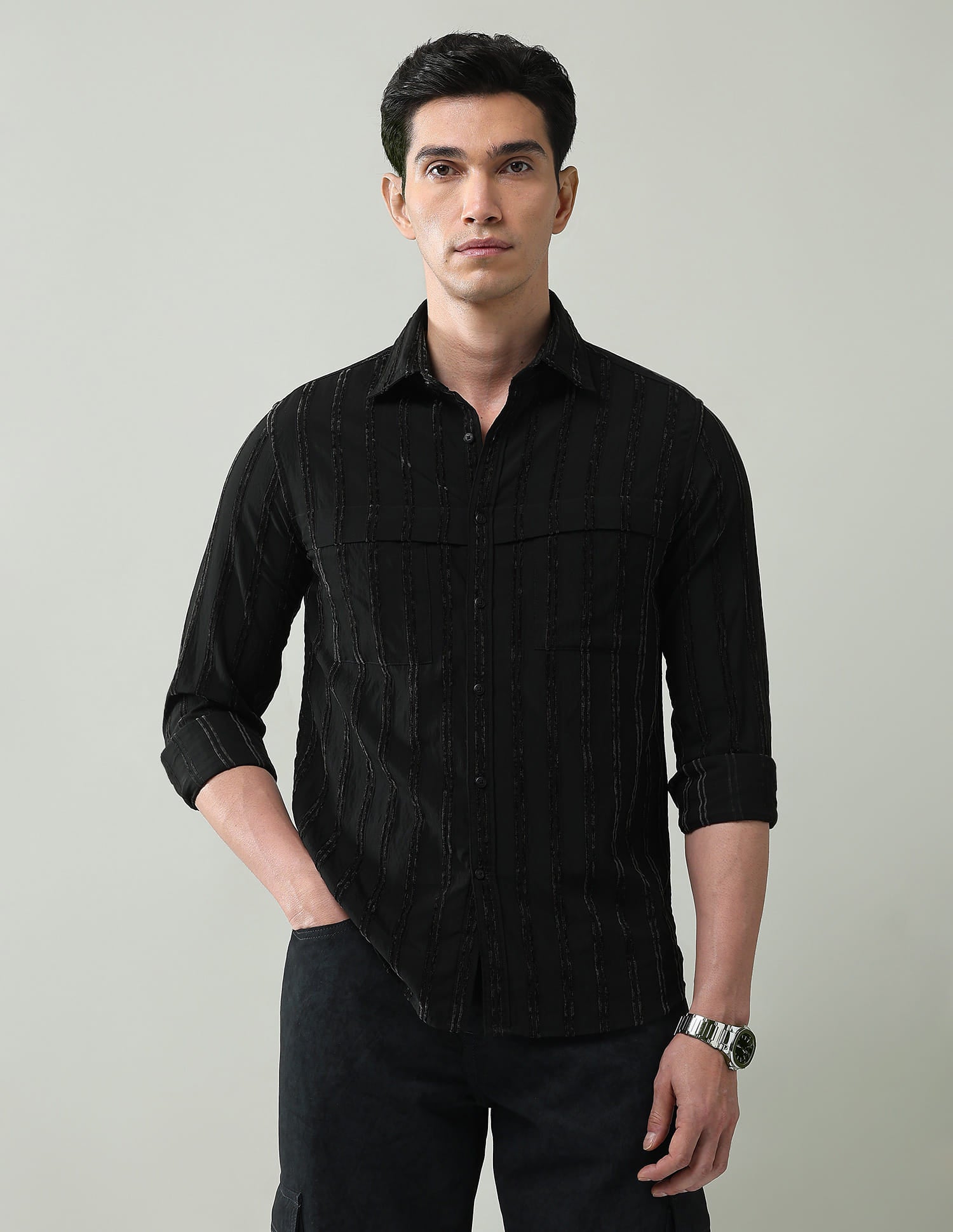 Noir Luxe Vertical Striped Slim Fit Dobby Weave Shirt
