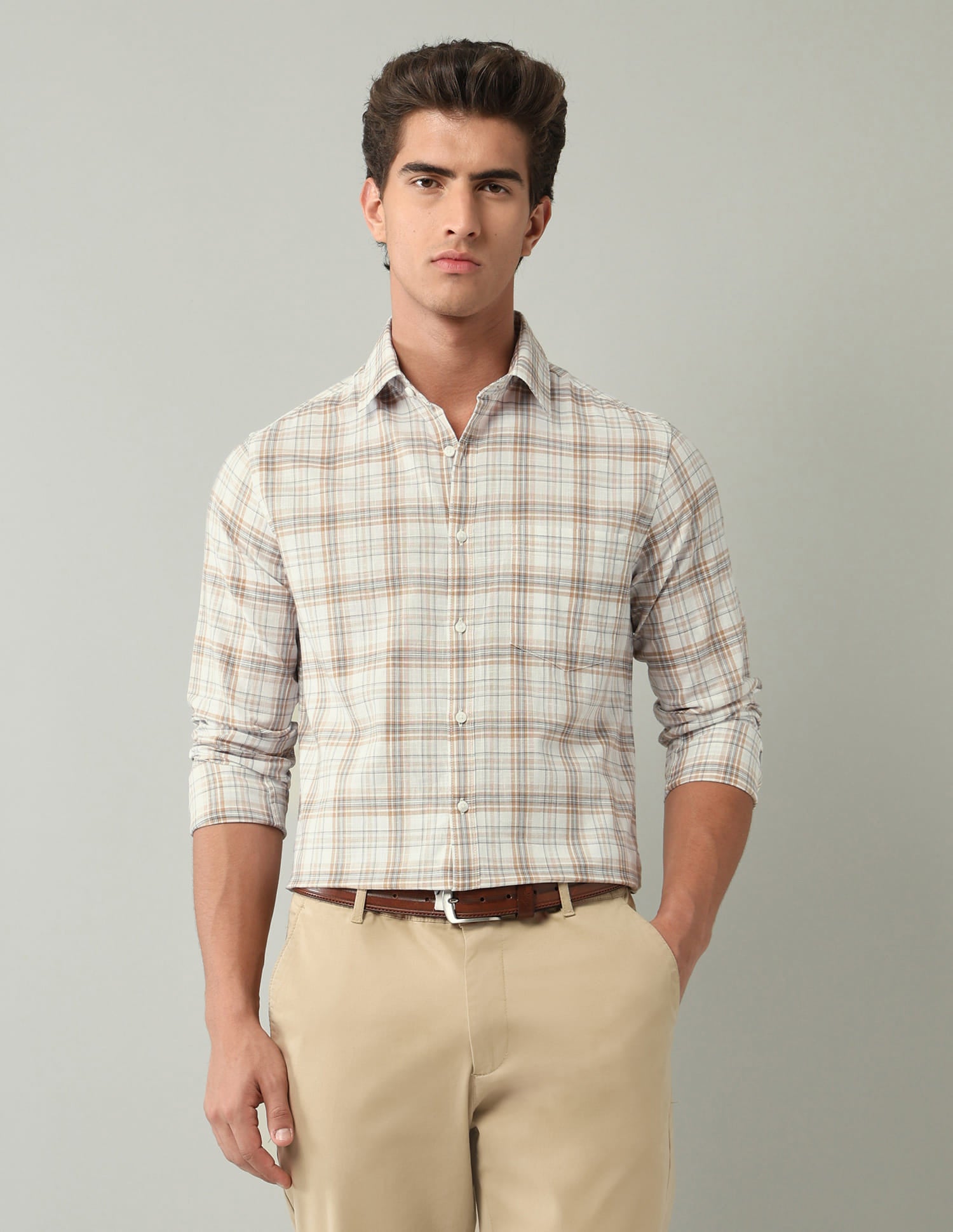 Beige Plaid Checked Regular Fit Shirt