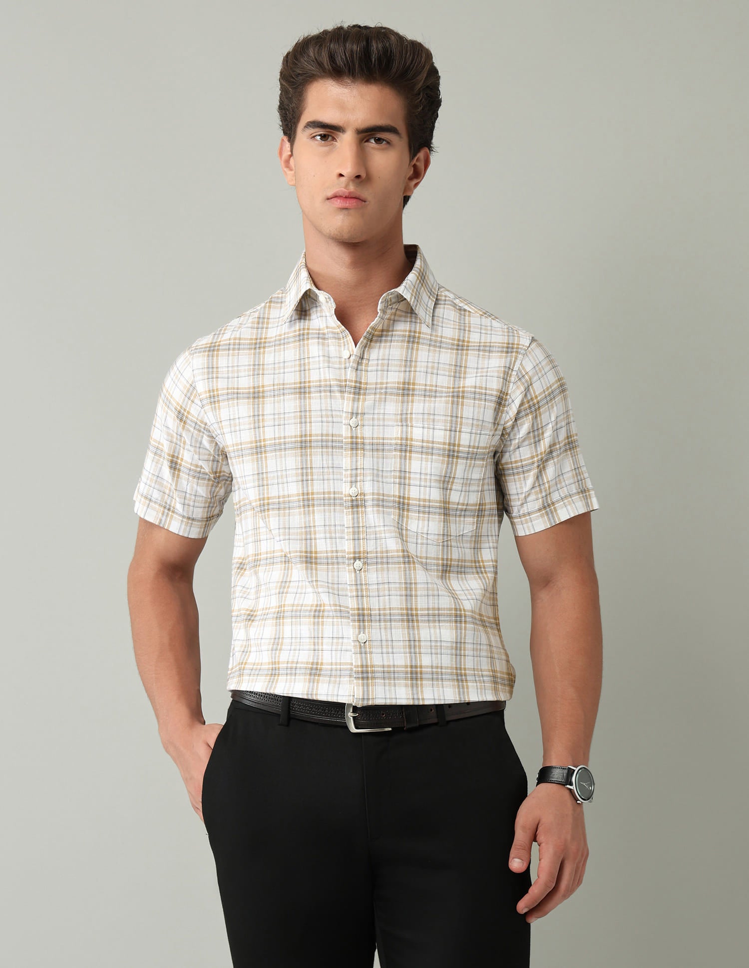 Beige Tartan Checked Regular Fit Shirt