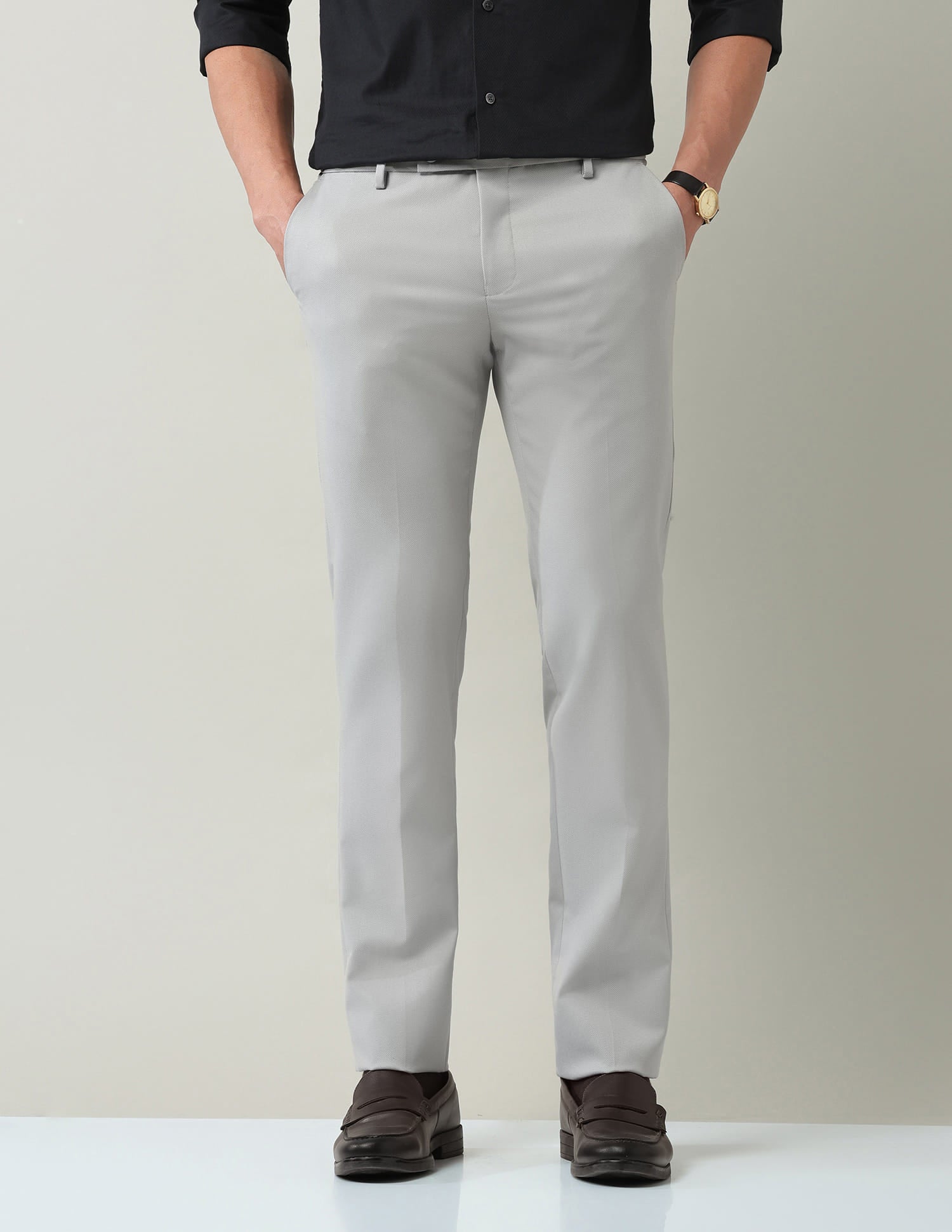 Work Essentials Solid Slim Fit Dobby Trousers