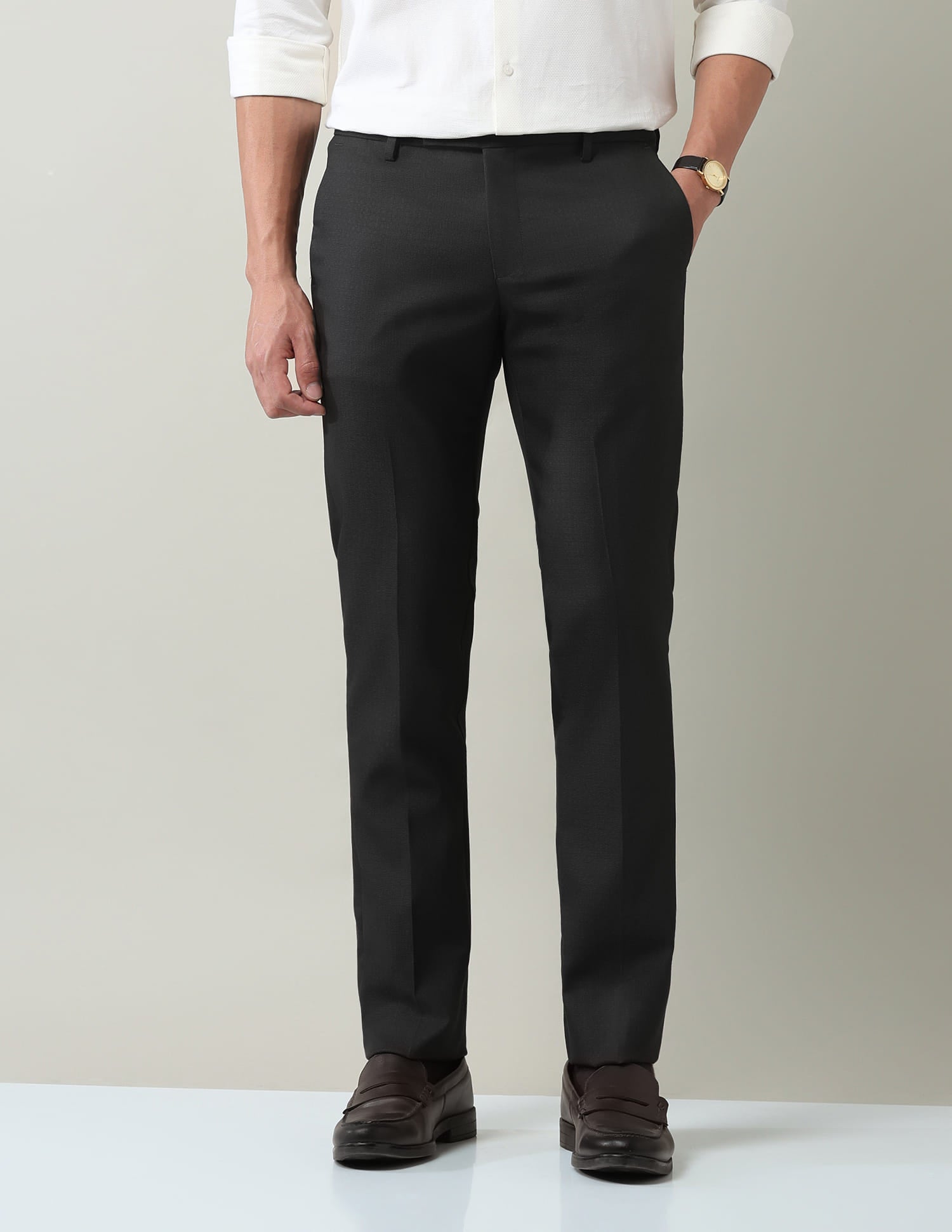 Work Essentials Solid Slim Fit Dobby Trousers