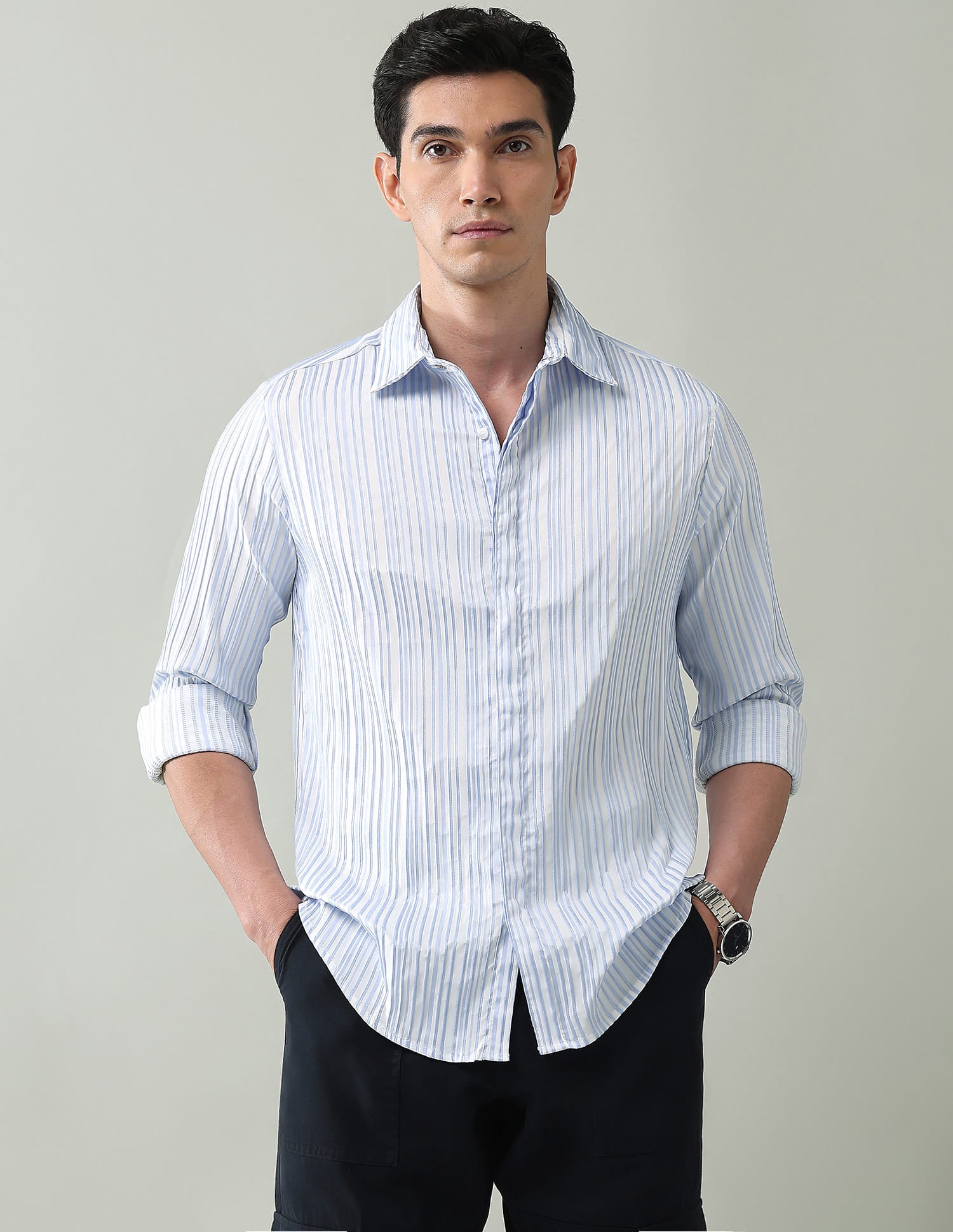 Vertical Striped Slim Fit Dobby Weave Shirt