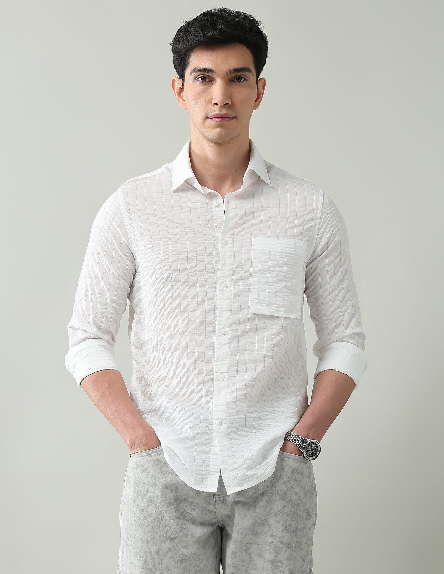 Vertical Striped Slim Fit Dobby Weave Shirt