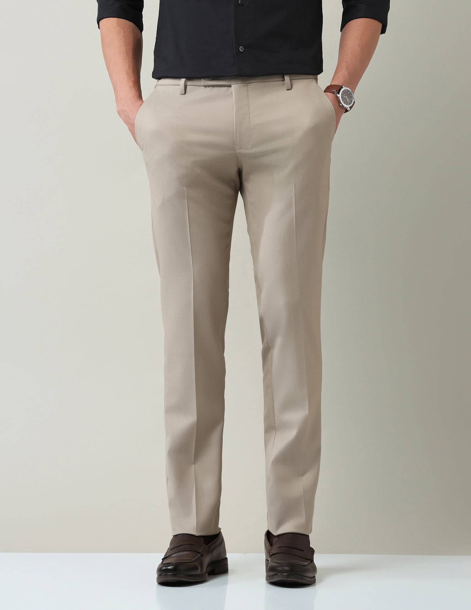 Work Essentials Solid Slim Fit Dobby Trousers