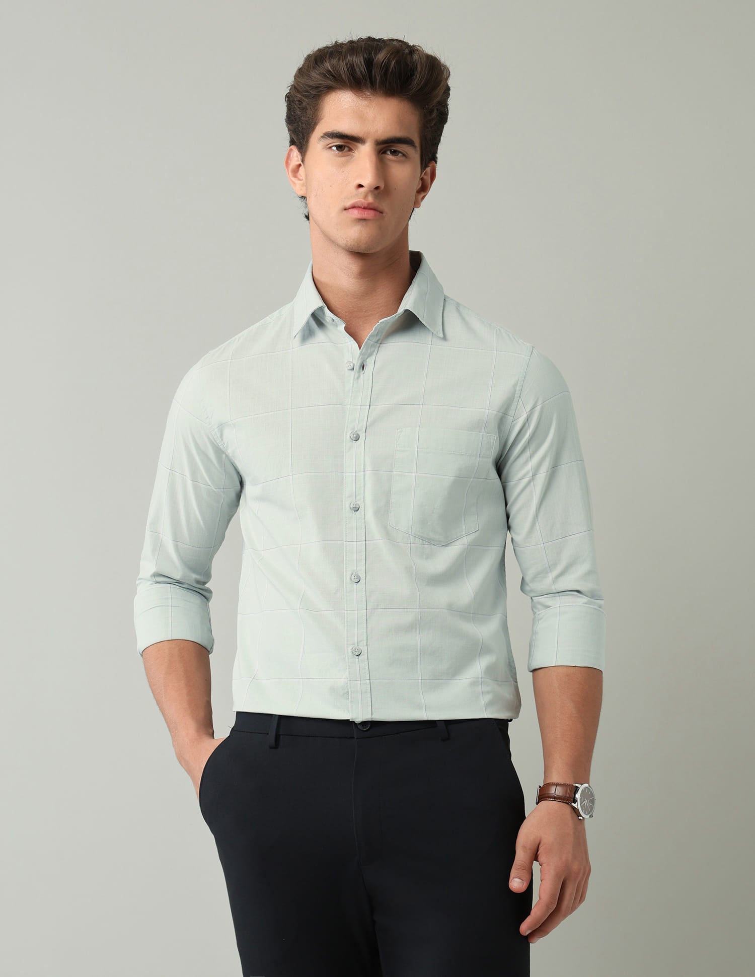 Mint Windowpane Checked Modern Slim Fit Shirt