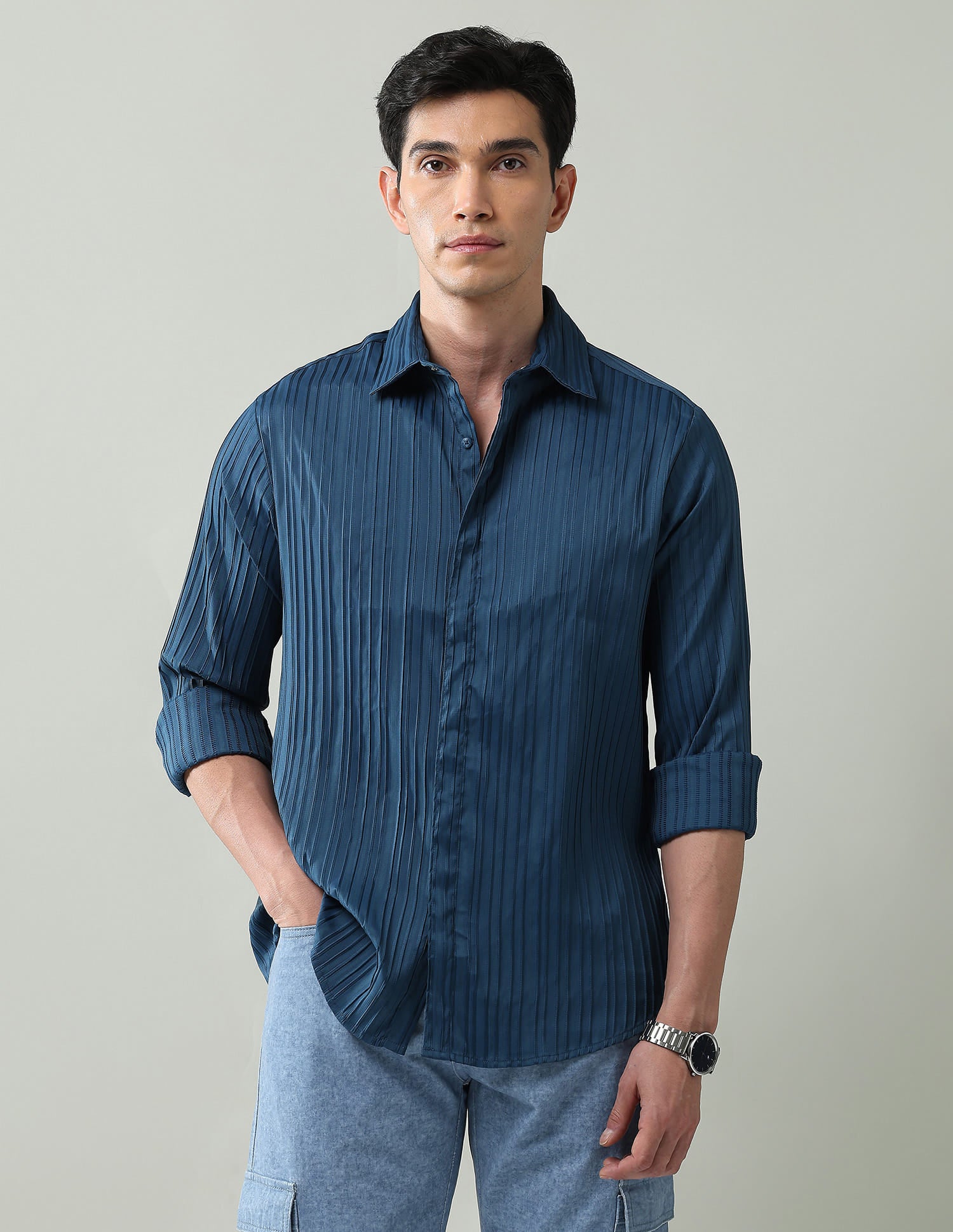 Noir Luxe Vertical Striped Slim Fit Dobby Weave Shirt