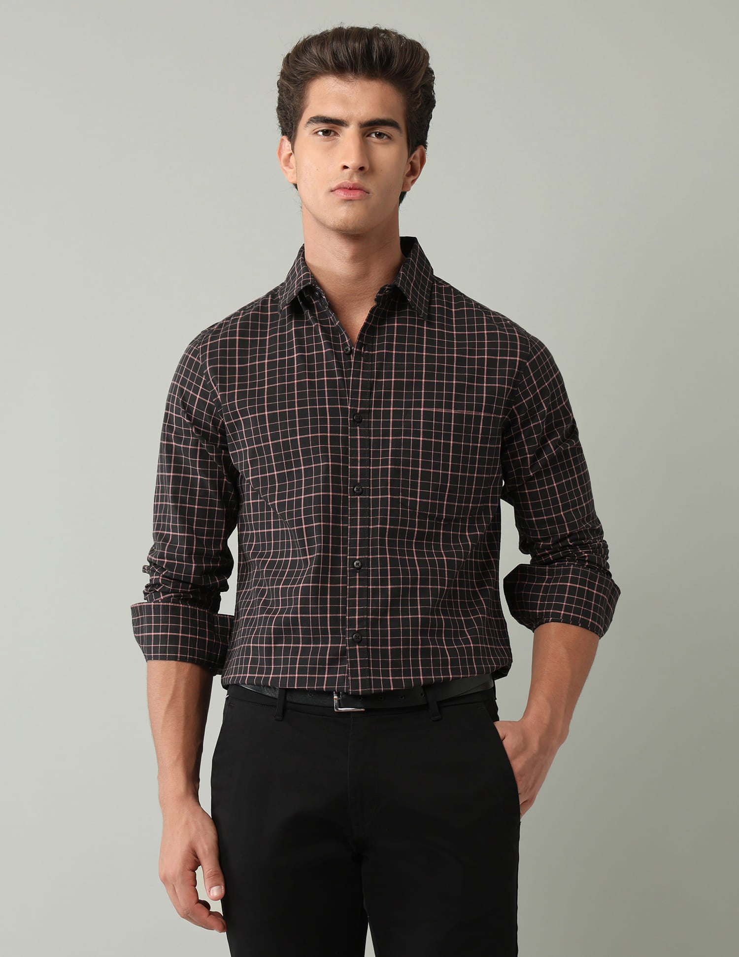 Black Windowpane Checked Modern Slim Fit Shirt