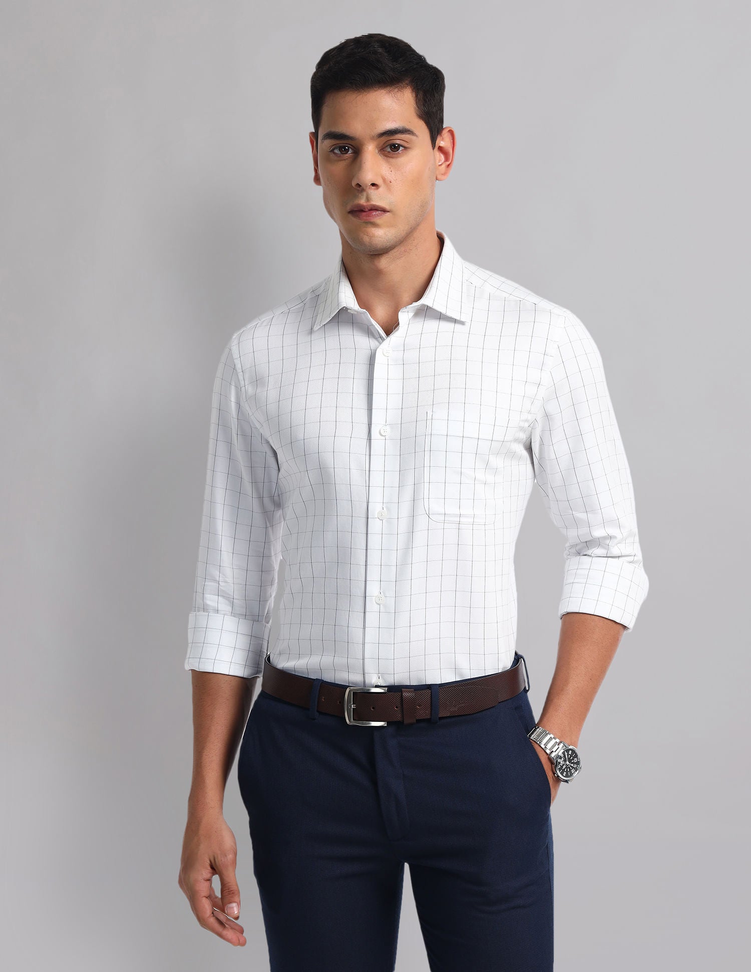 Office essential Windowpane Check Cotton Shirt