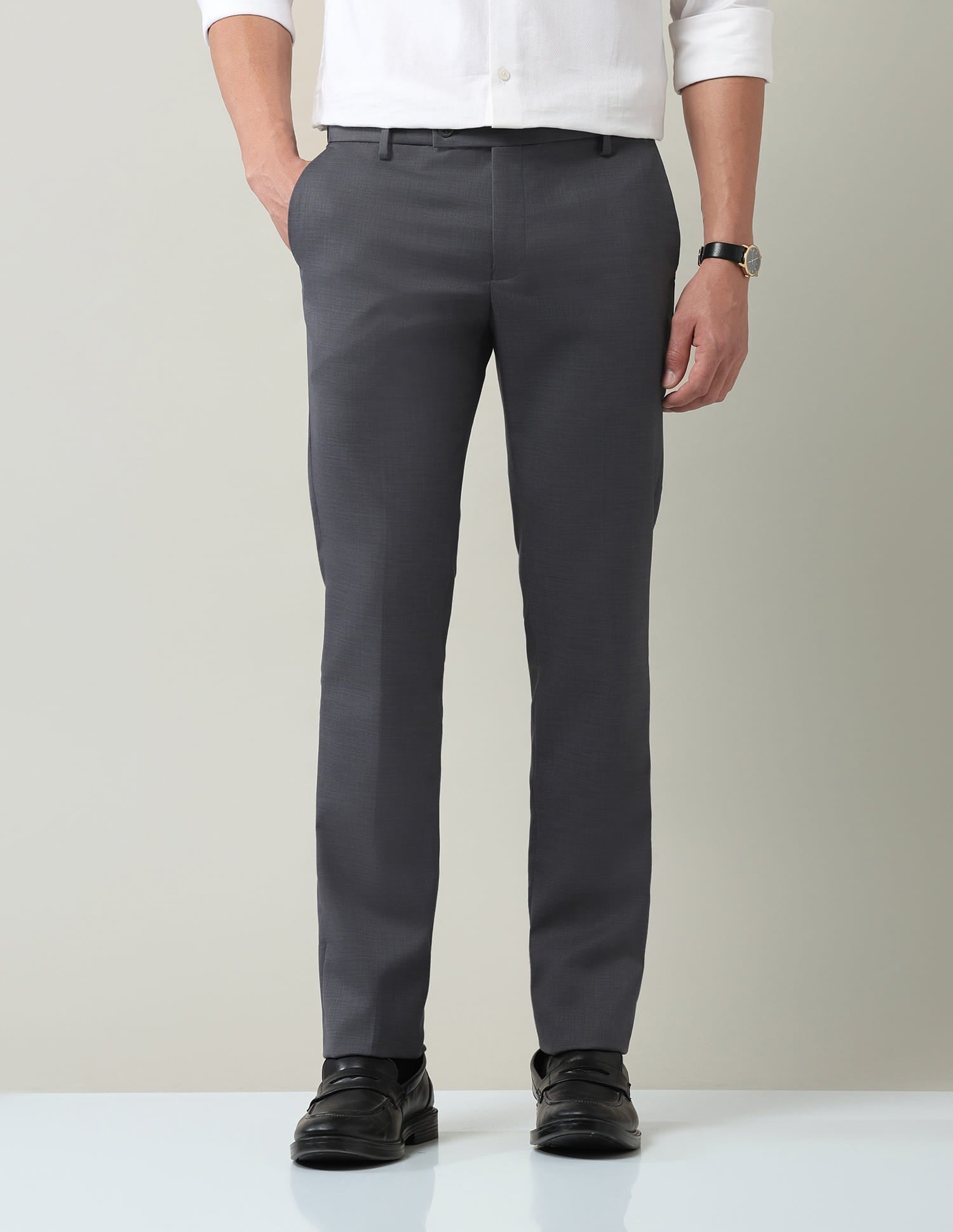 Work Essentials Solid Slim Fit Dobby Trousers