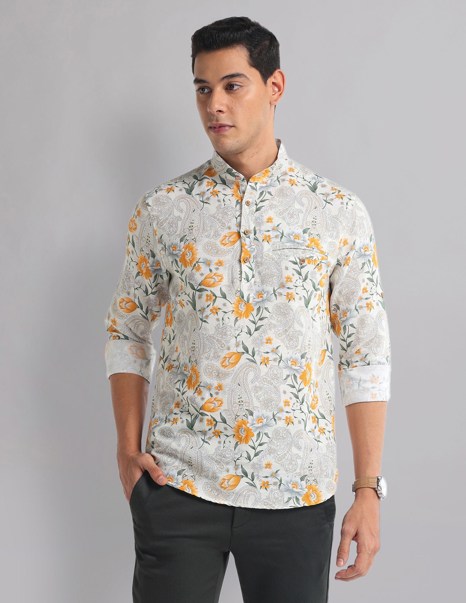 Style-Coded Floral Mandarin Collar Indie Shirt