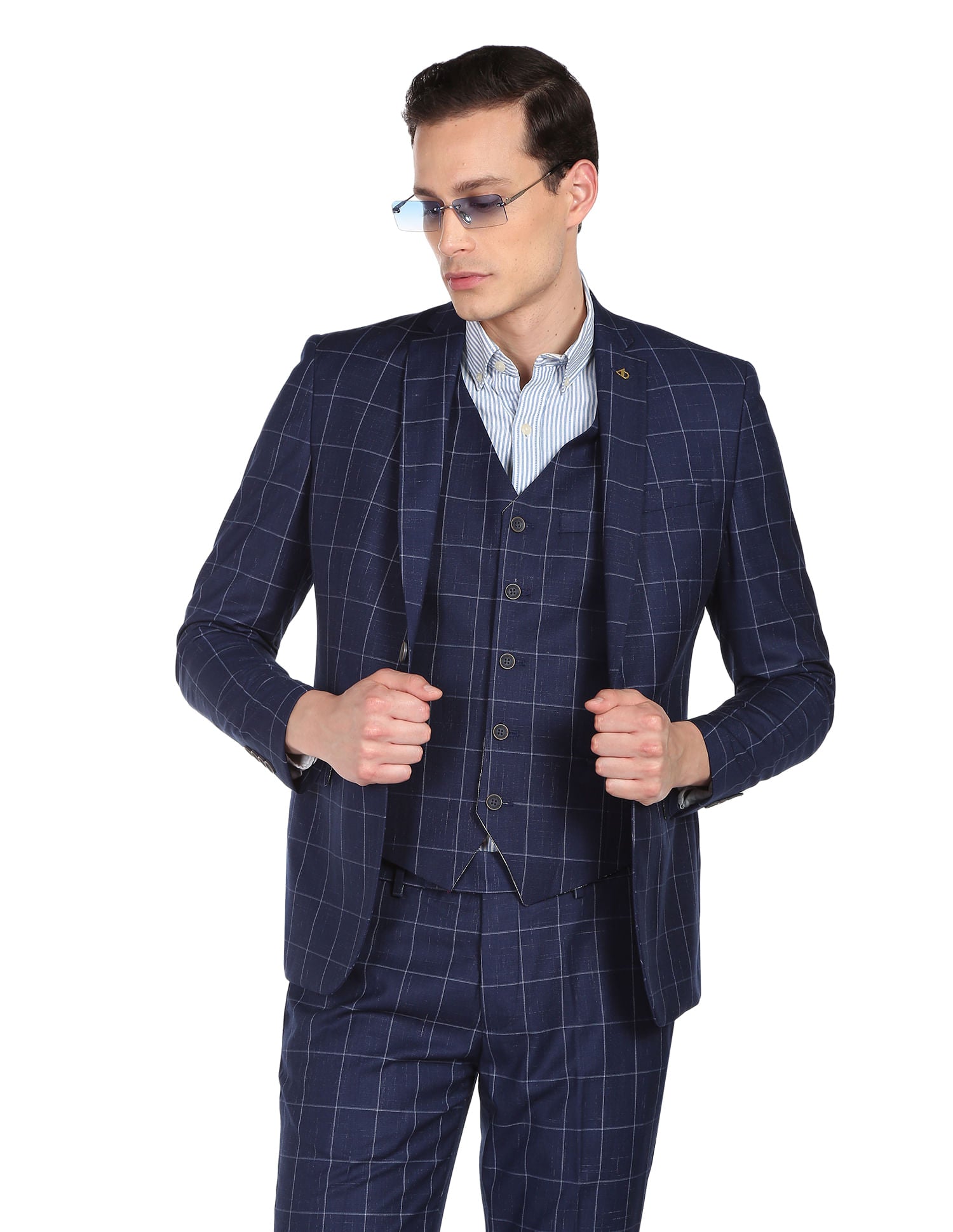 Office Staple Tailored Fit Windowpane Check Three Piece Suit