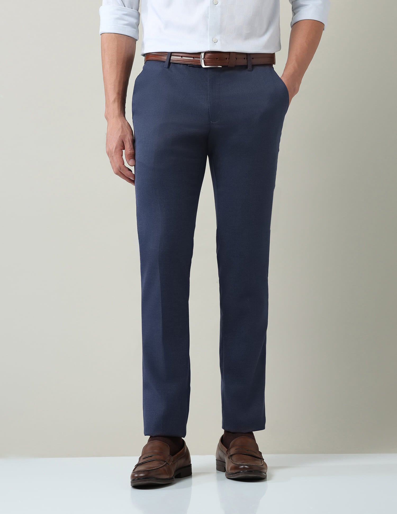 Solid Regular Fit Dobby Trousers