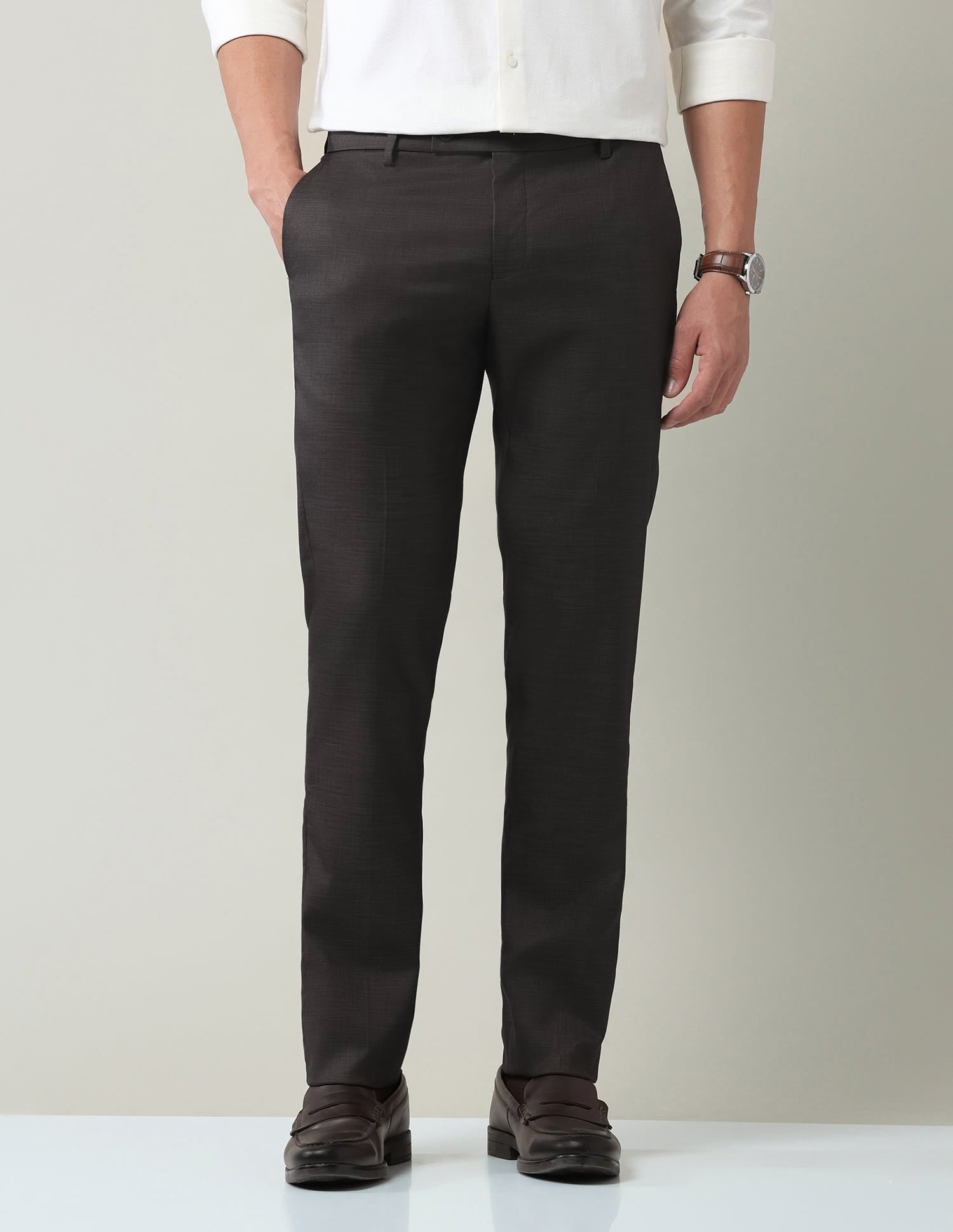 Work Essentials Solid Slim Fit Dobby Trousers