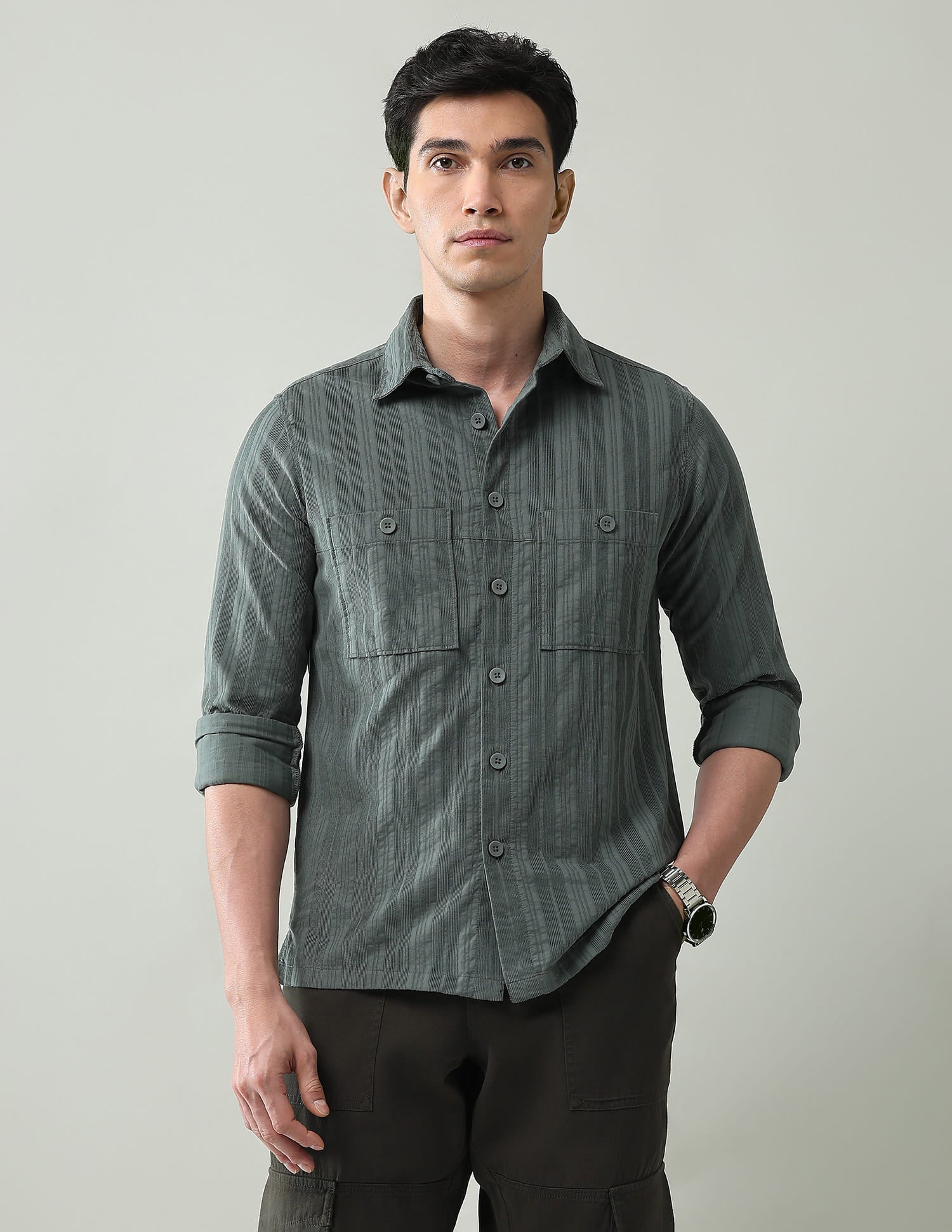 Vertical Striped Slim Fit Dobby Weave Shirt