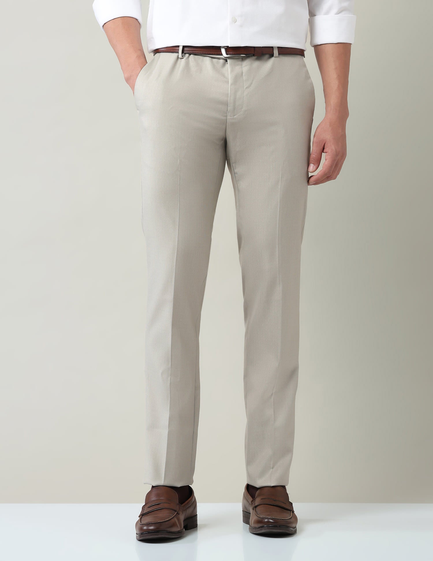 Work Essentials Solid Slim Fit Dobby Trousers
