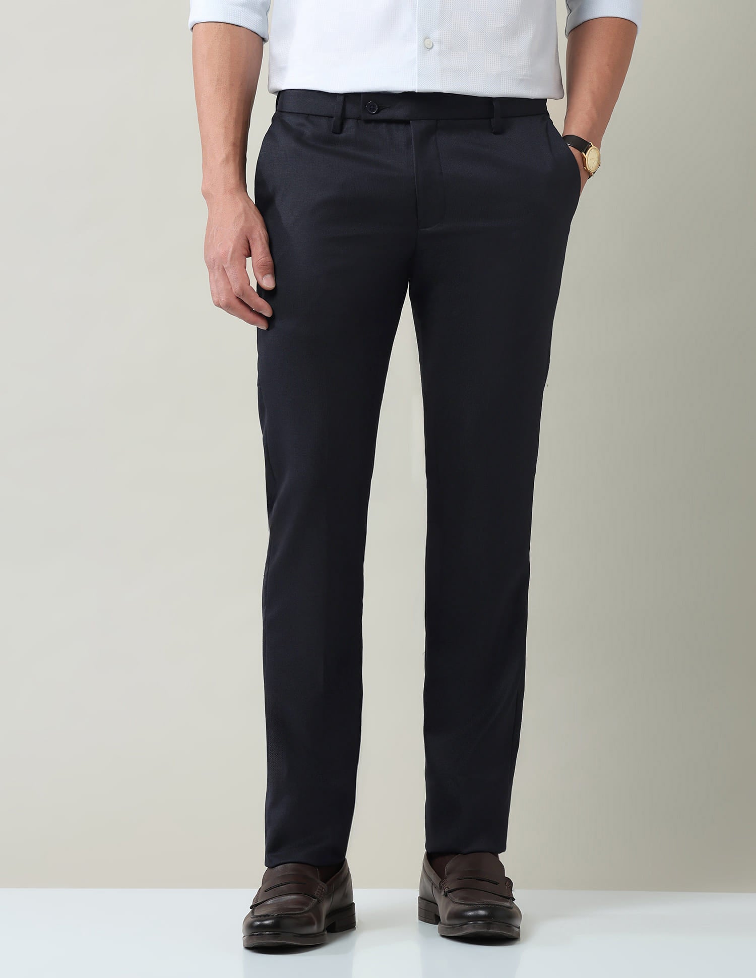 Solid Regular Fit Dobby Trousers
