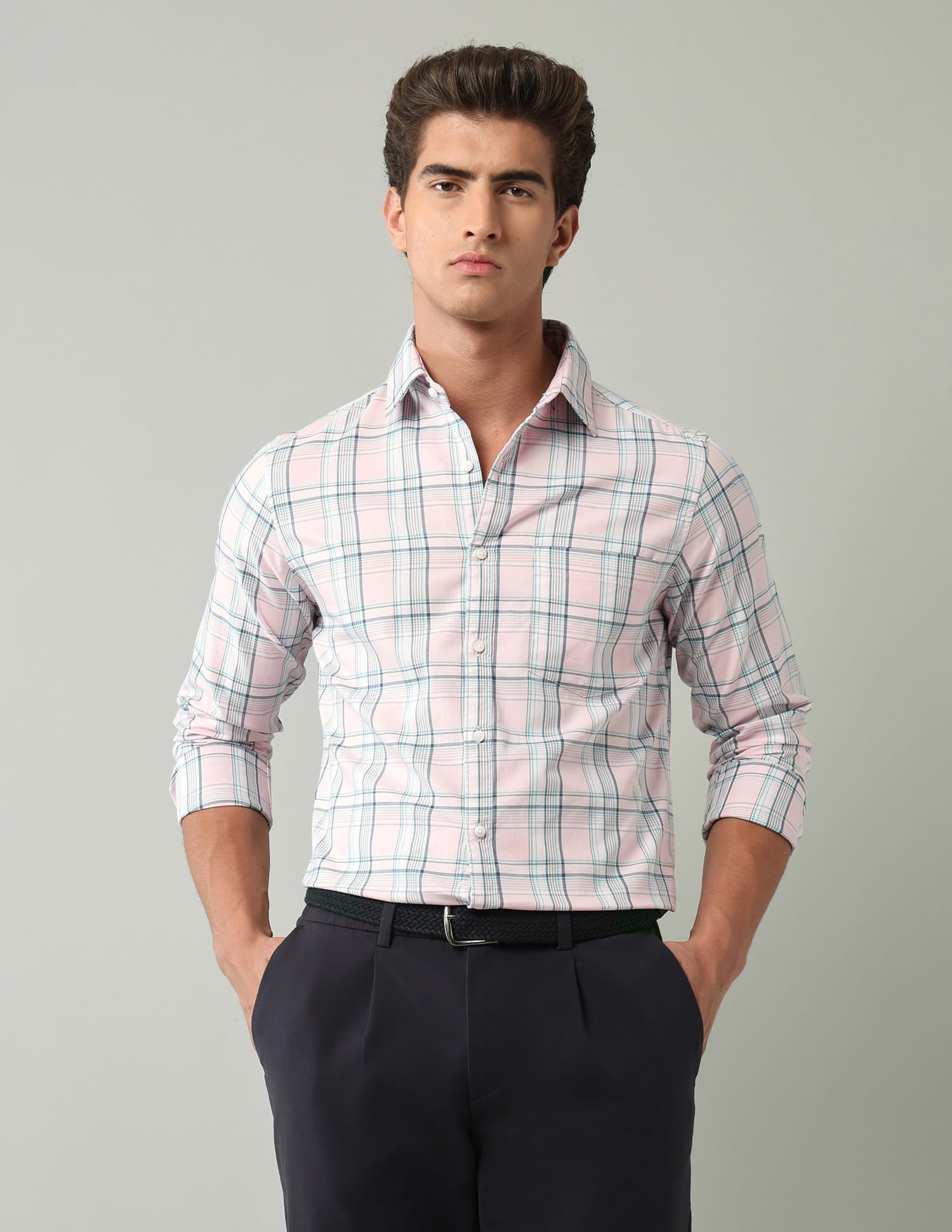 Pink Tartan Checked Modern Slim Fit Shirt