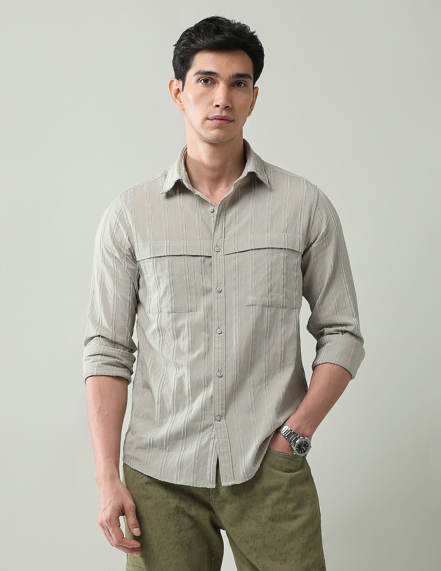 Noir Luxe Vertical Striped Slim Fit Dobby Weave Shirt