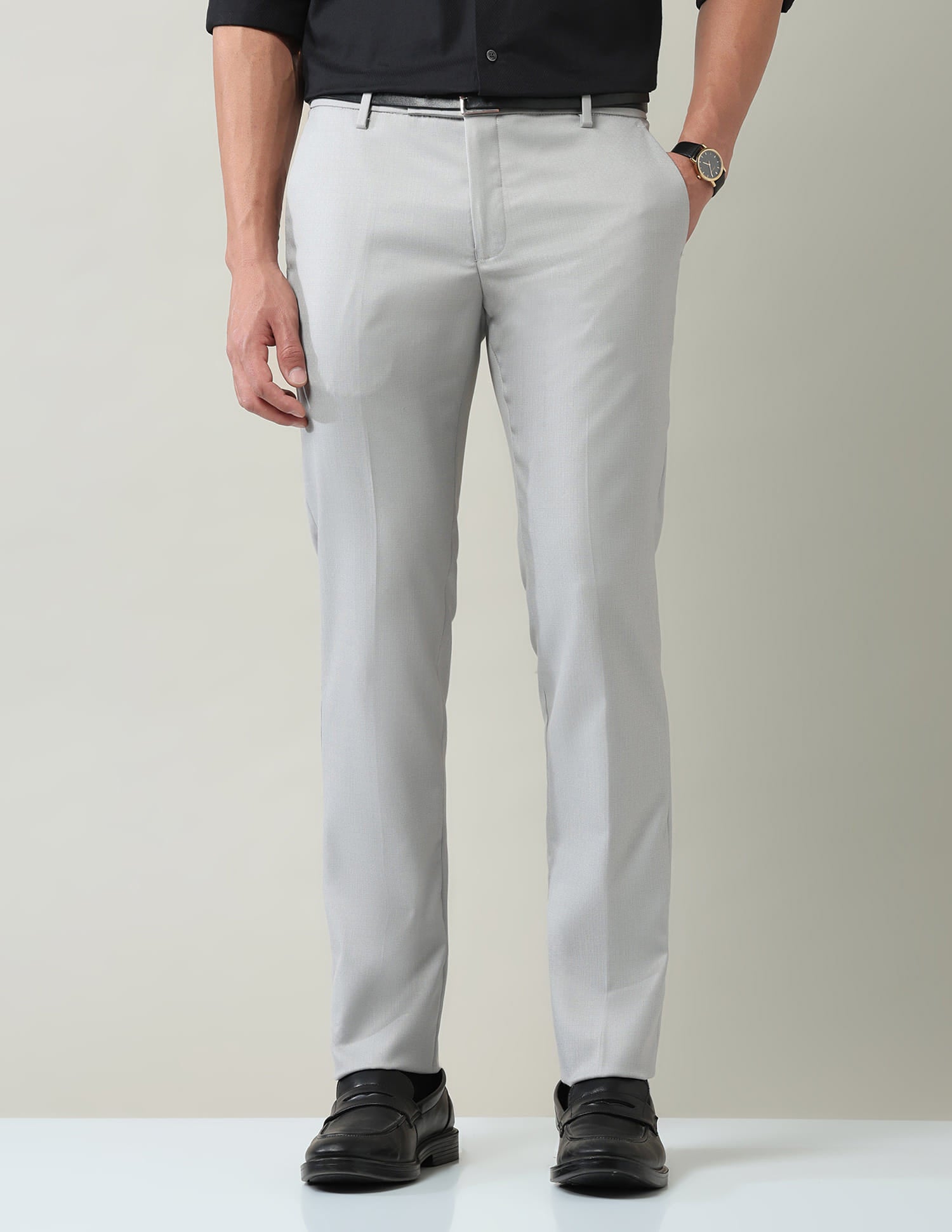 Work Essentials Solid Slim Fit Dobby Trousers