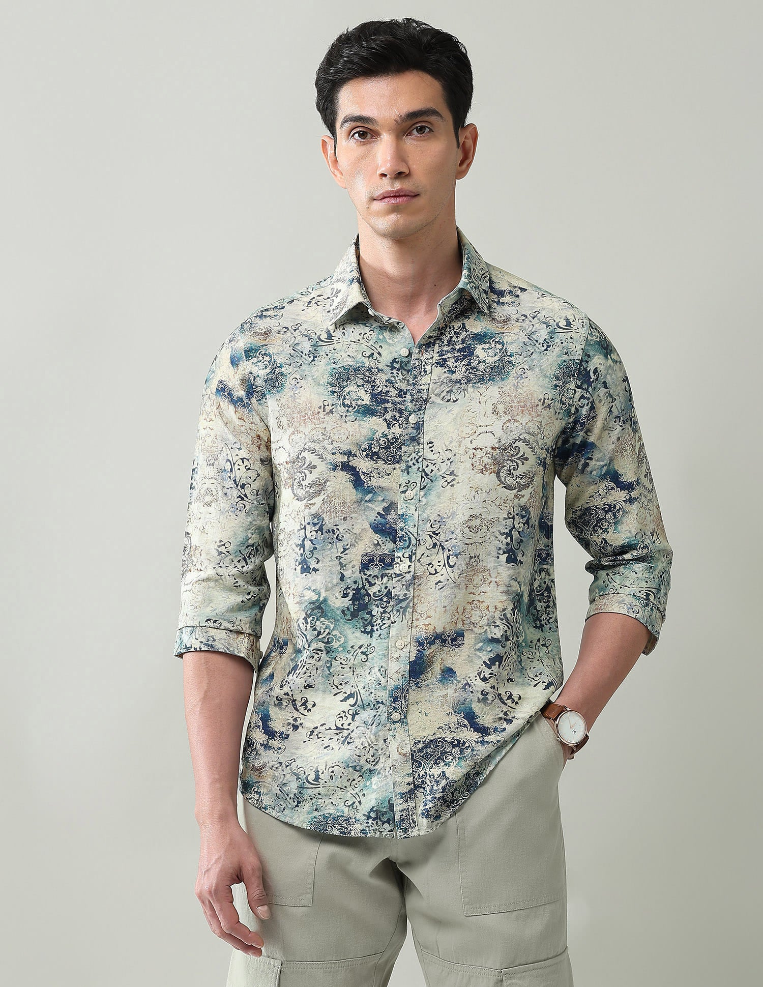 Abstract Printed Slim Fit Dobby Weave Shirt