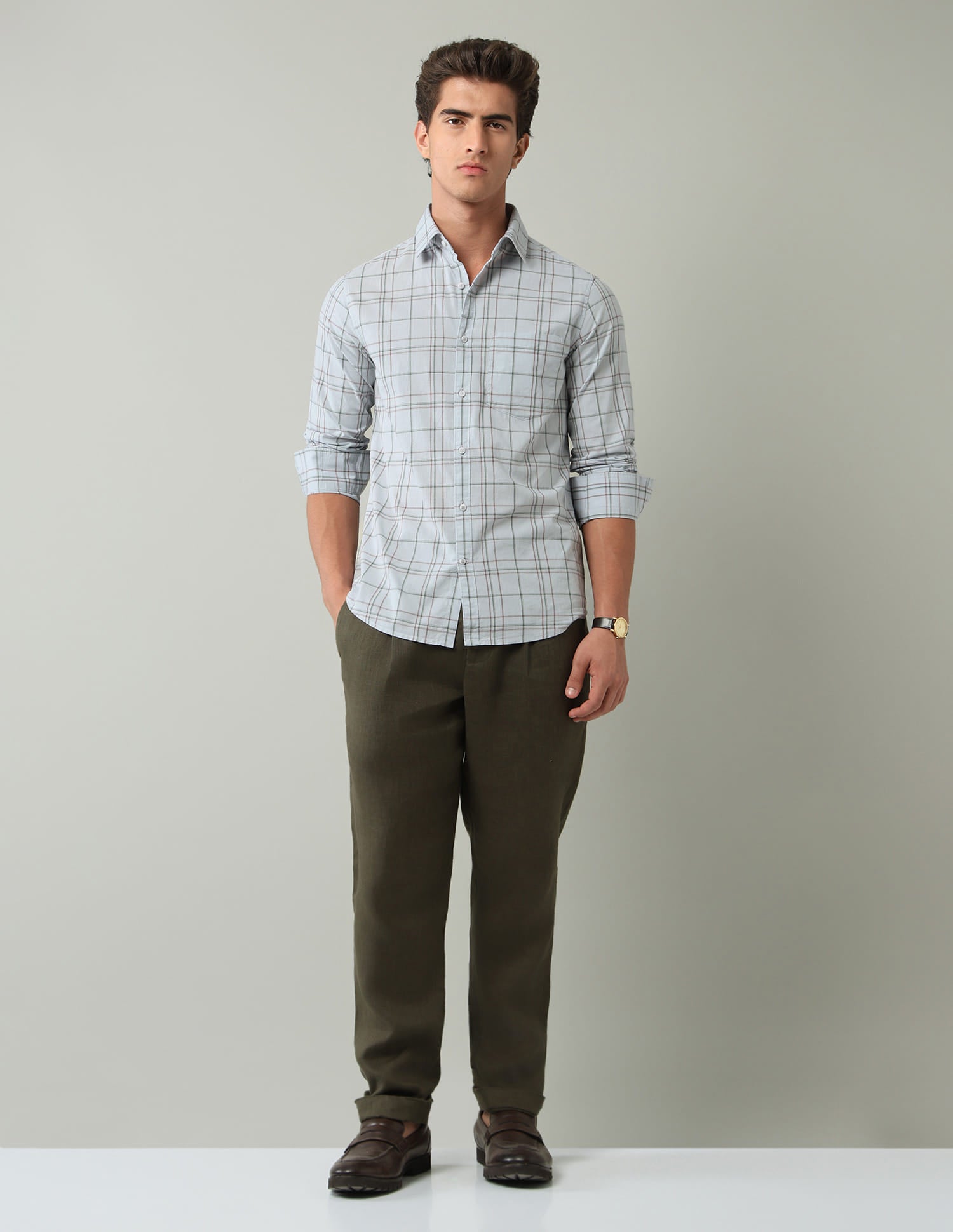 Blue Windowpane Checked Modern Slim Fit Shirt