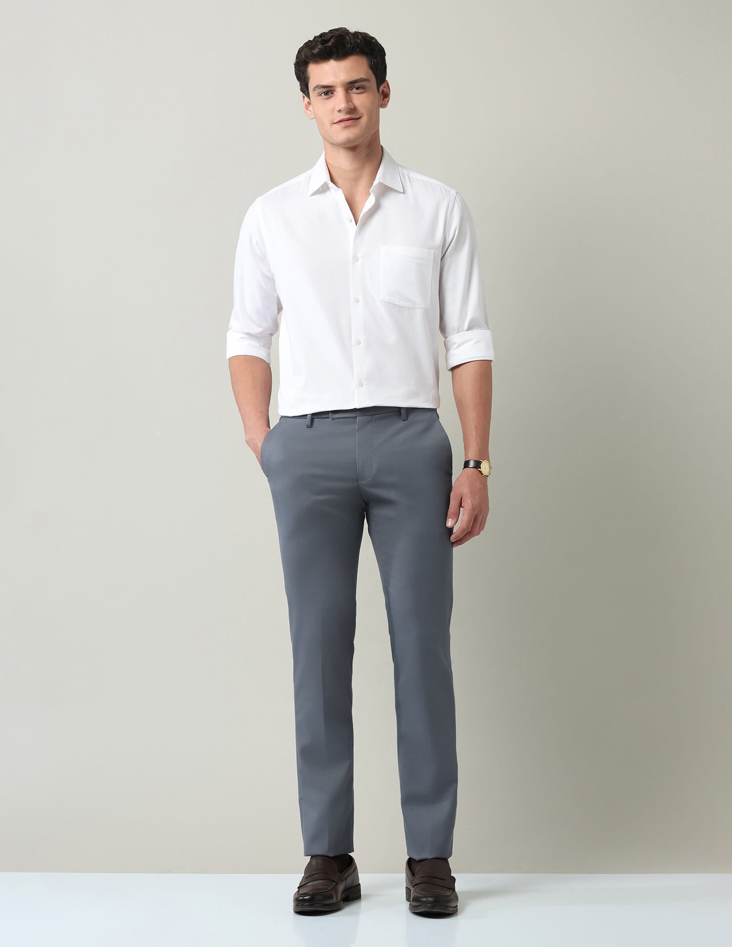 Work Essentials Solid Slim Fit Dobby Trousers