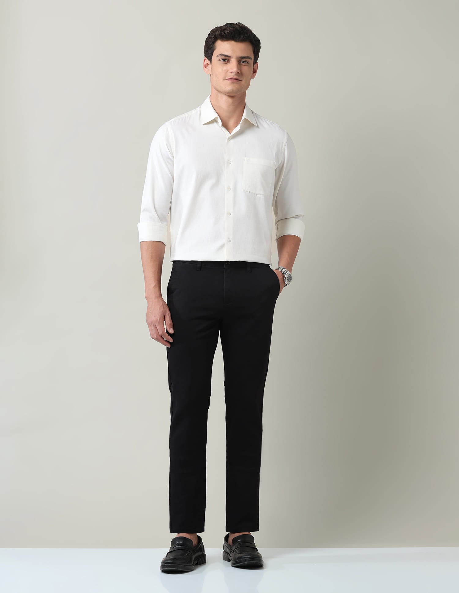 Work Essentials Solid Slim Fit Dobby Trousers