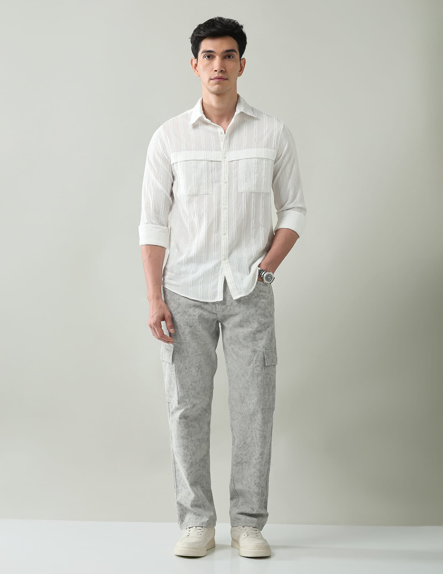 Noir Luxe Vertical Striped Slim Fit Dobby Weave Shirt