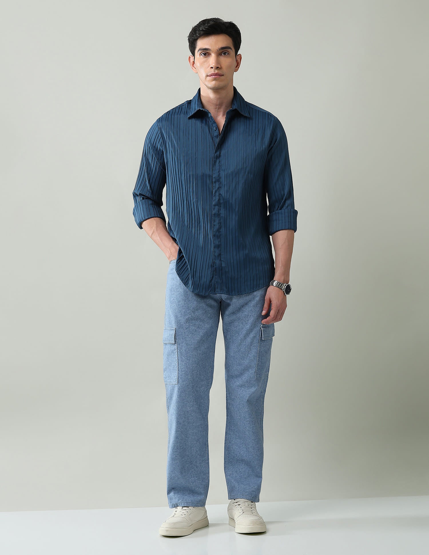 Noir Luxe Vertical Striped Slim Fit Dobby Weave Shirt