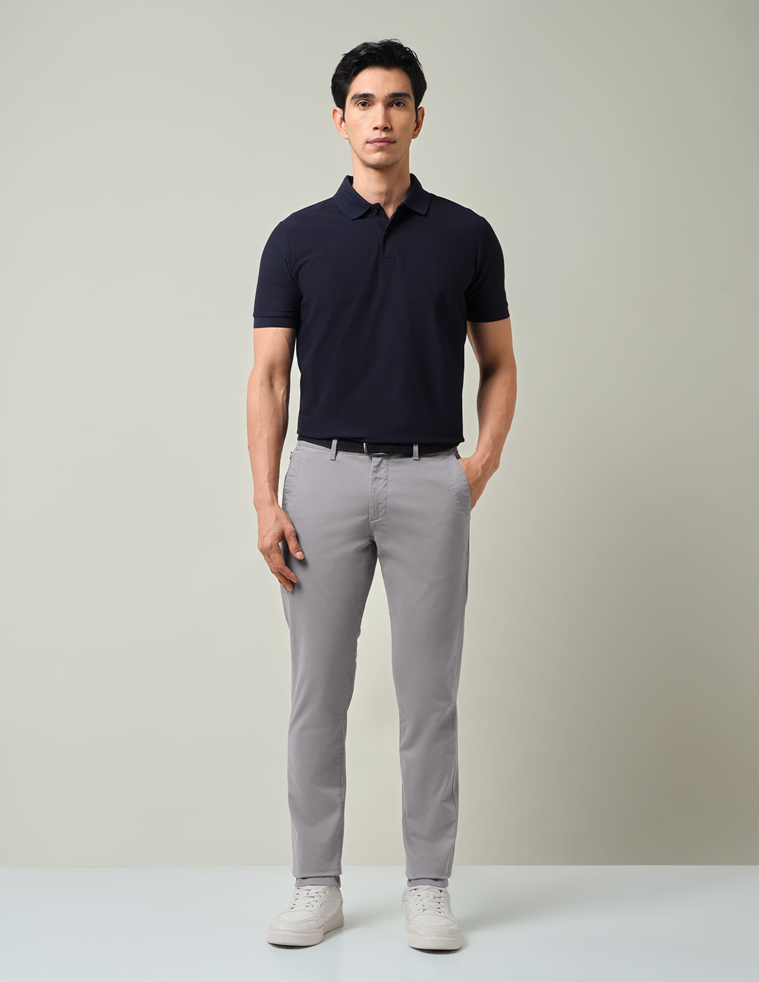 Work Essentials Solid Slim Fit Dobby Trousers