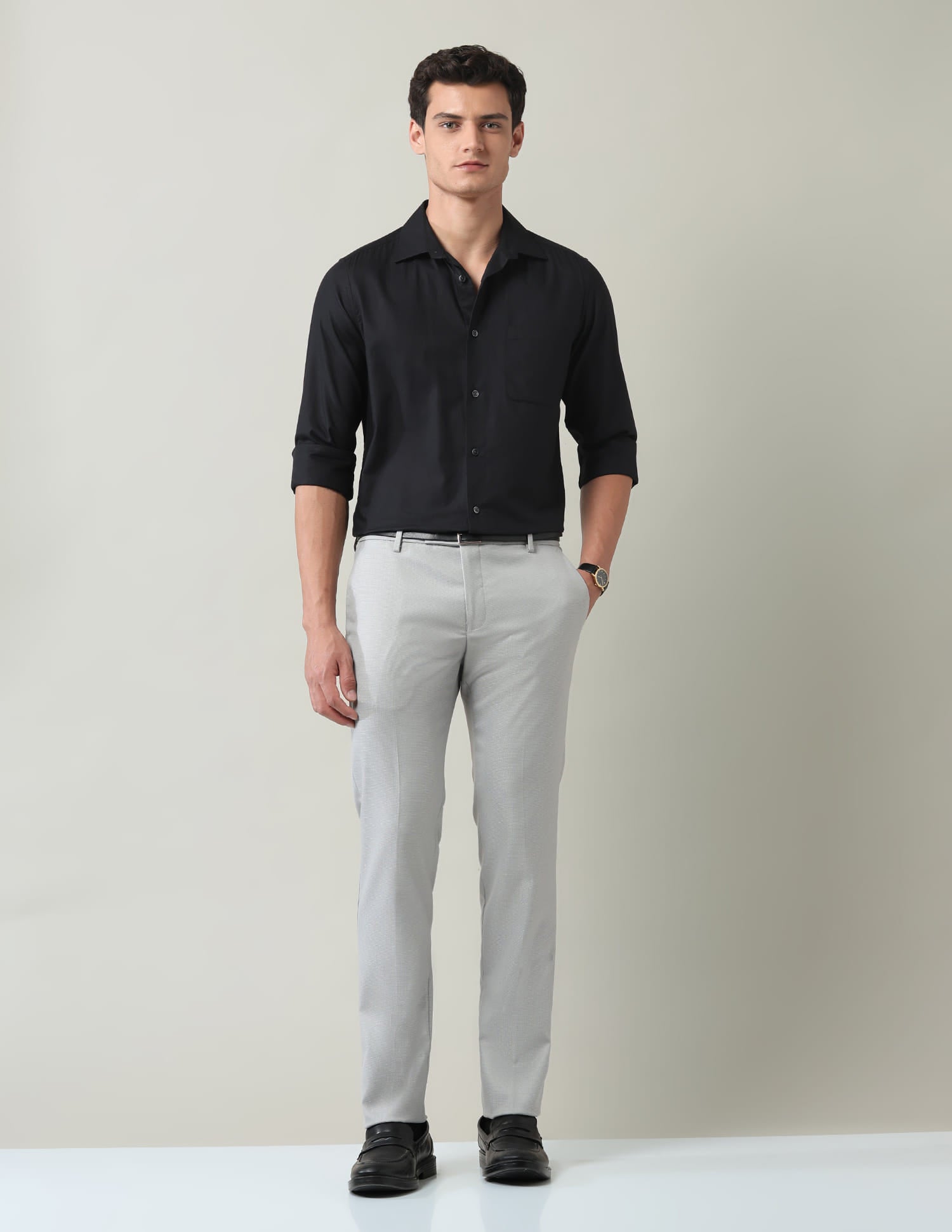 Work Essentials Solid Slim Fit Dobby Trousers