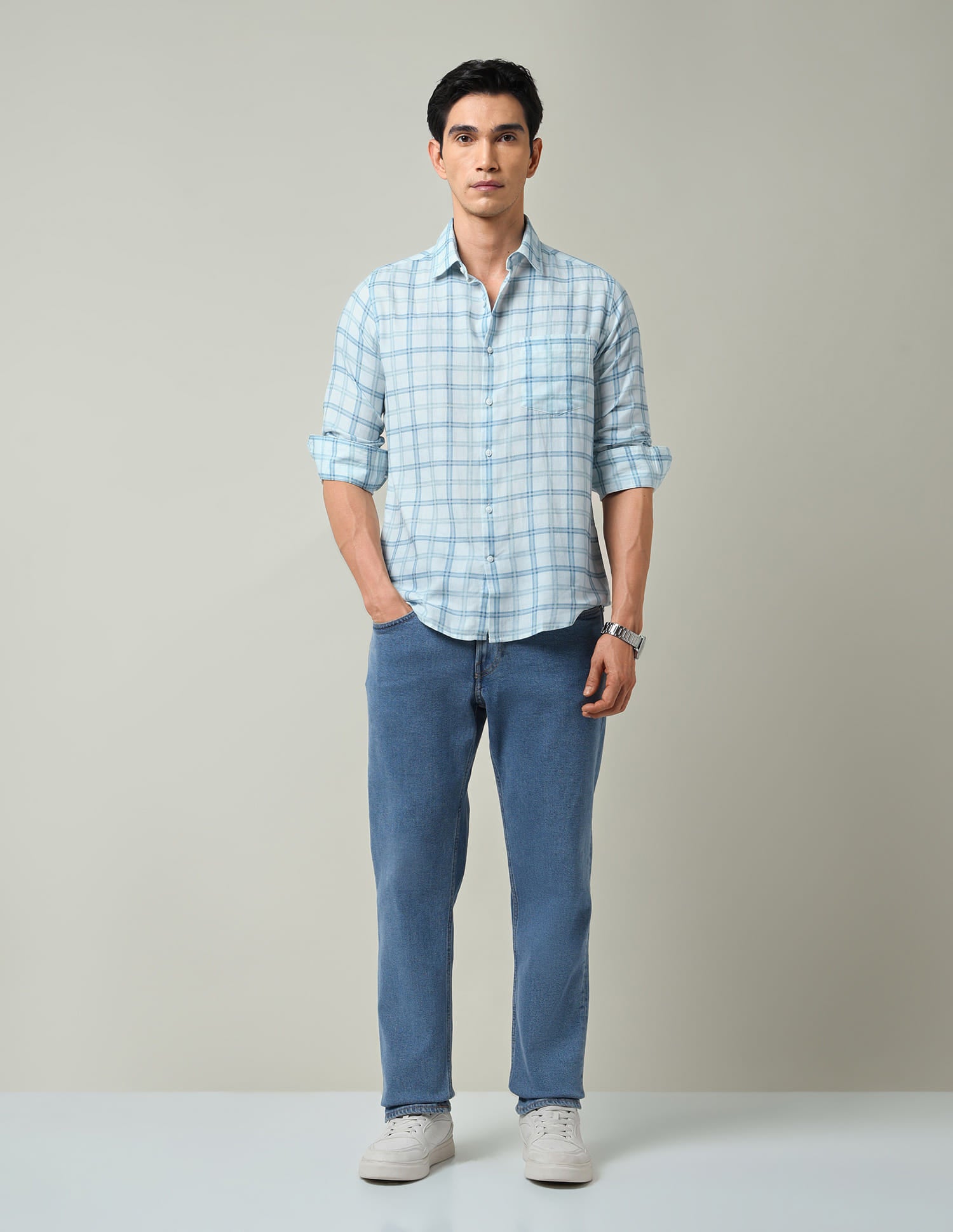 Windowpane Checked Slim Fit Twill Shirt