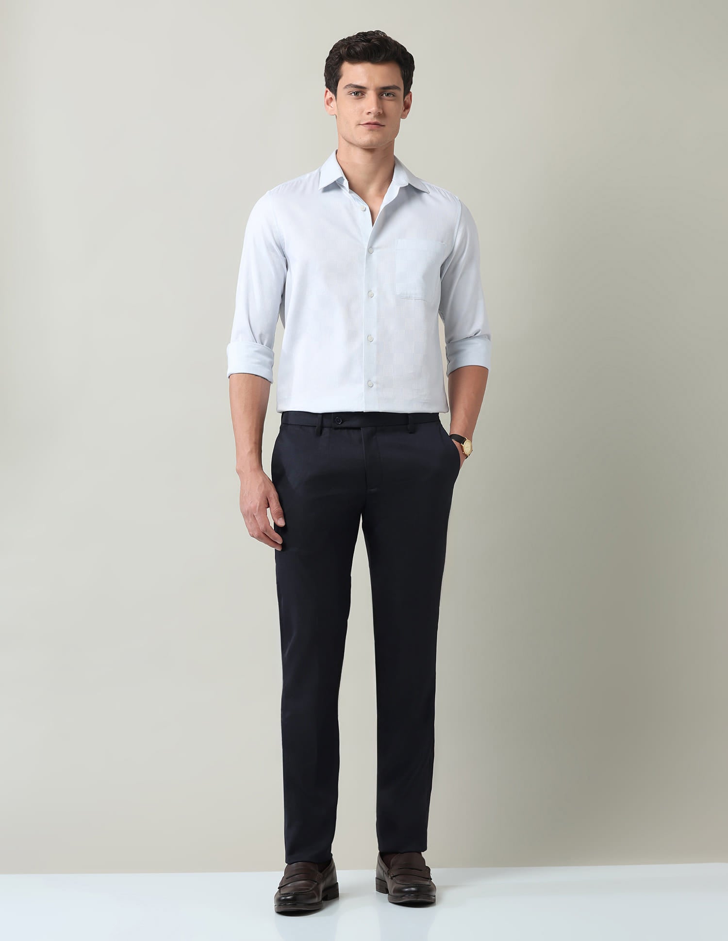 Solid Regular Fit Dobby Trousers