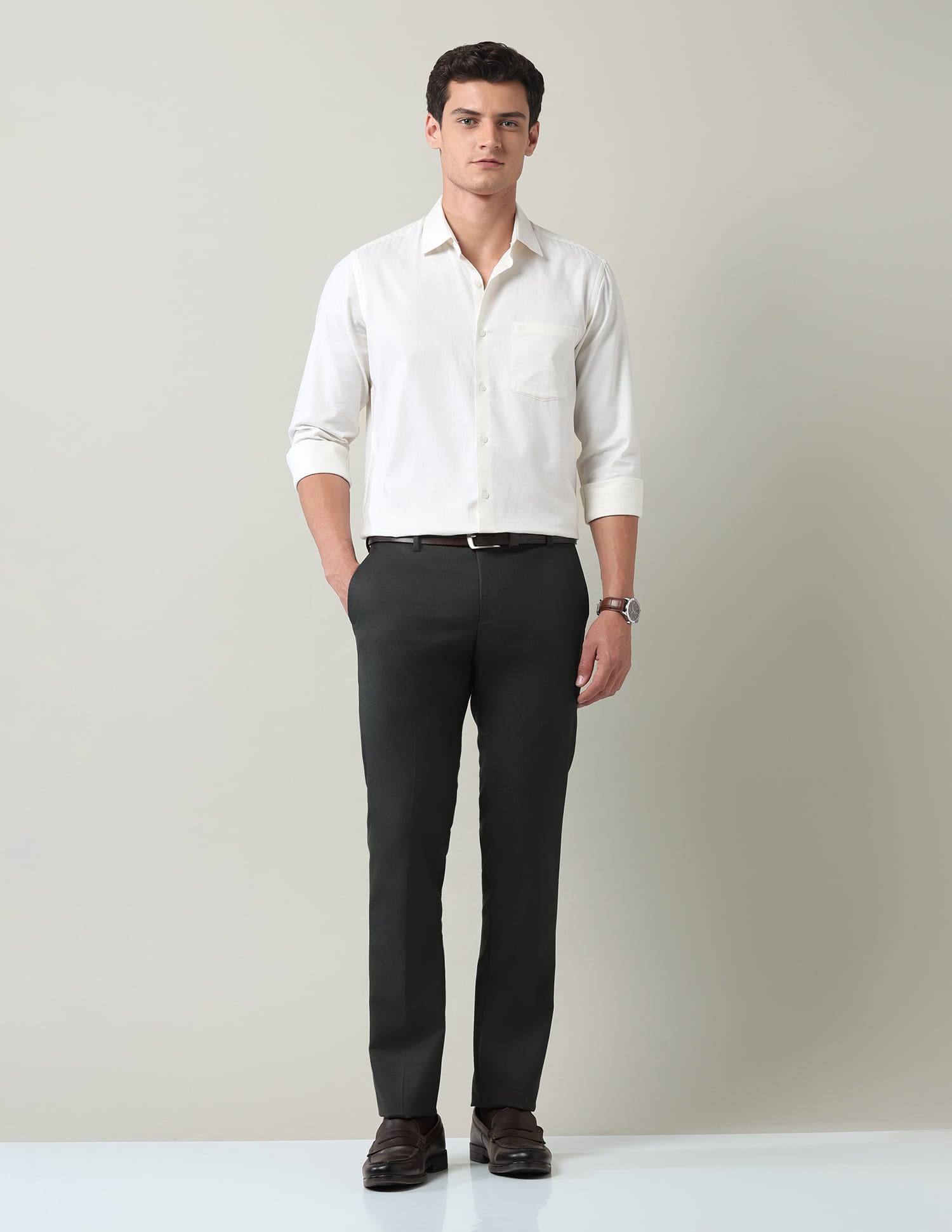 Work Essentials Solid Slim Fit Dobby Trousers