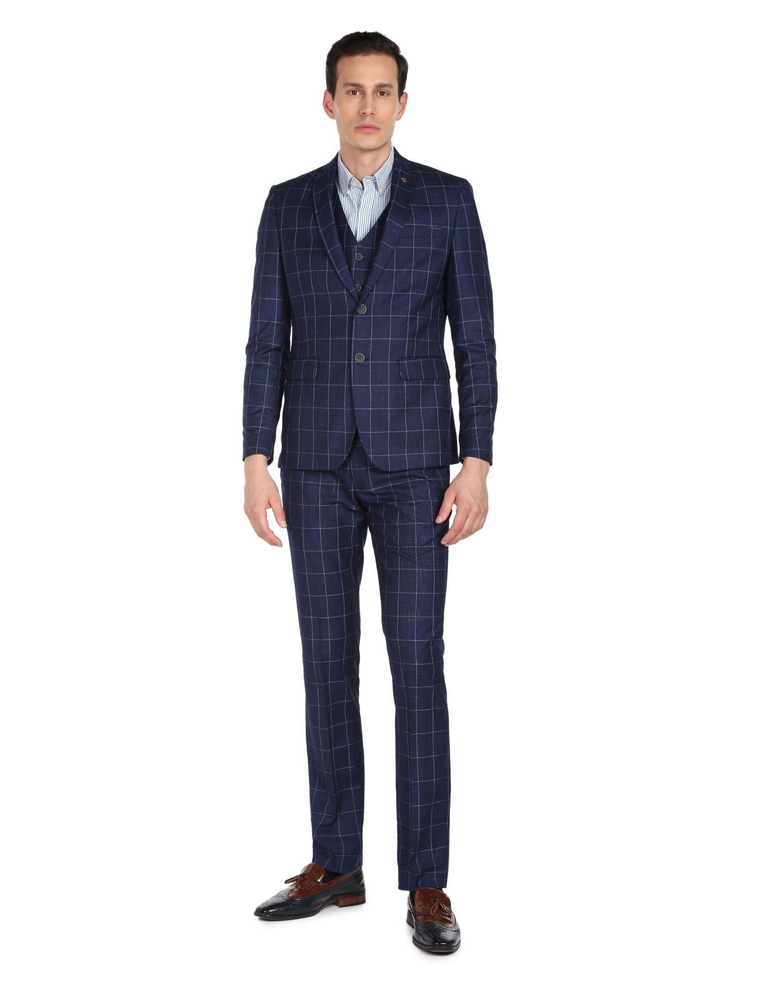 Office Staple Tailored Fit Windowpane Check Three Piece Suit