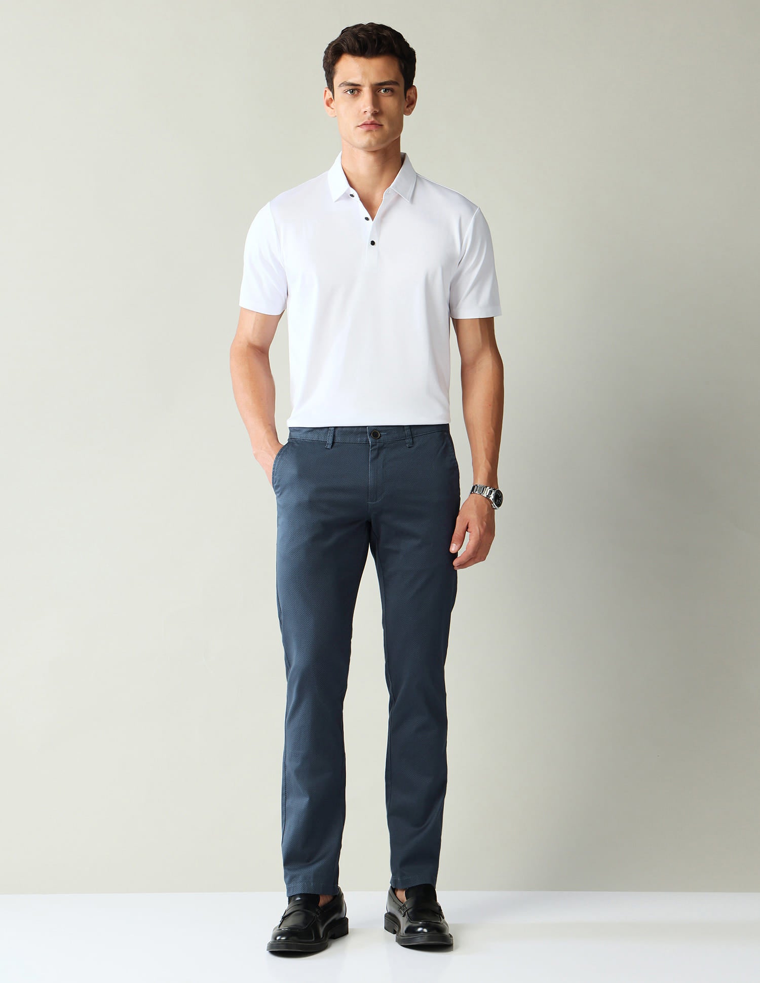 Textured Mid-Rise Slim Fit Trousers