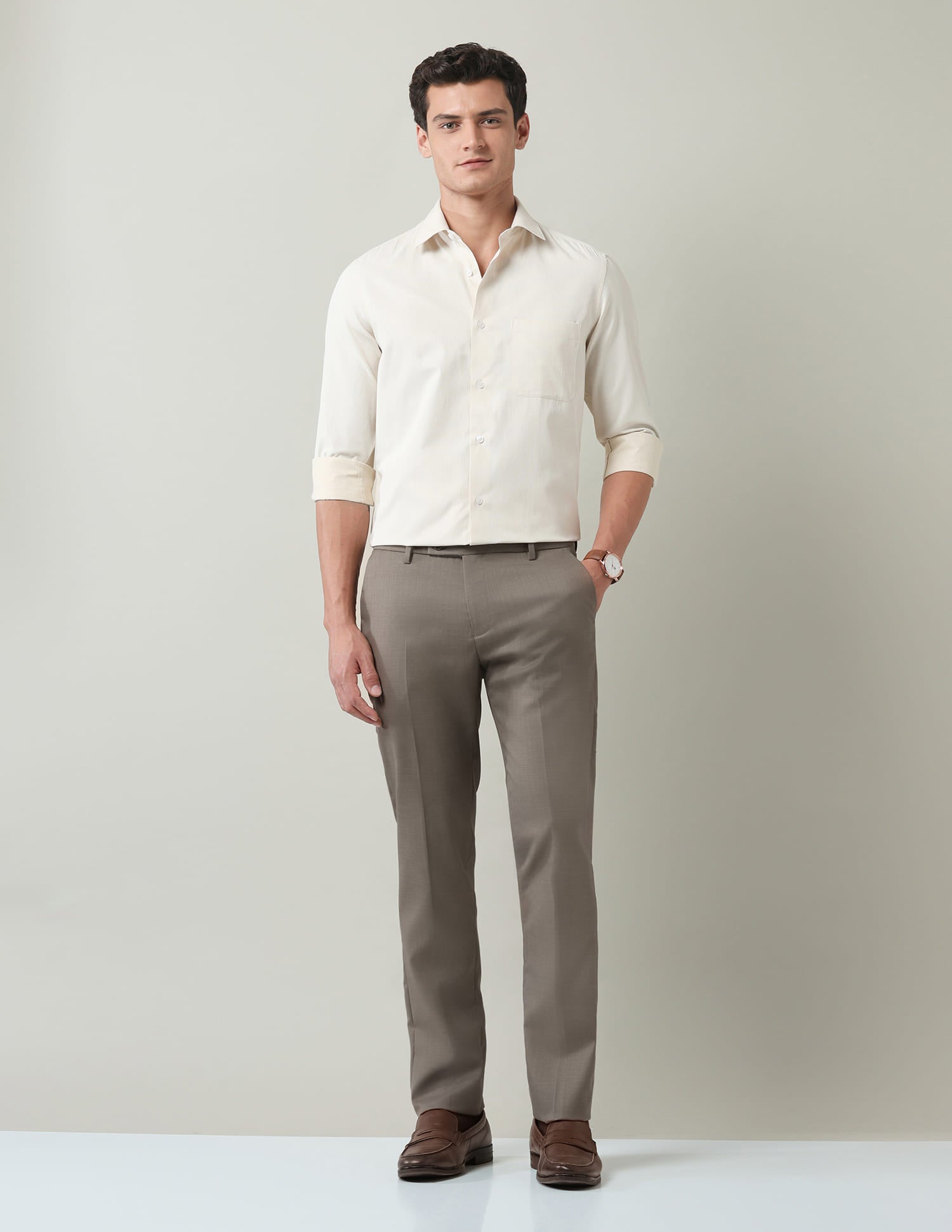 Work Essentials Solid Slim Fit Dobby Trousers