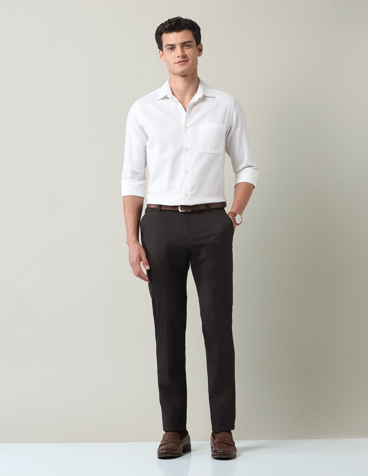 Work Essentials Solid Slim Fit Dobby Trousers