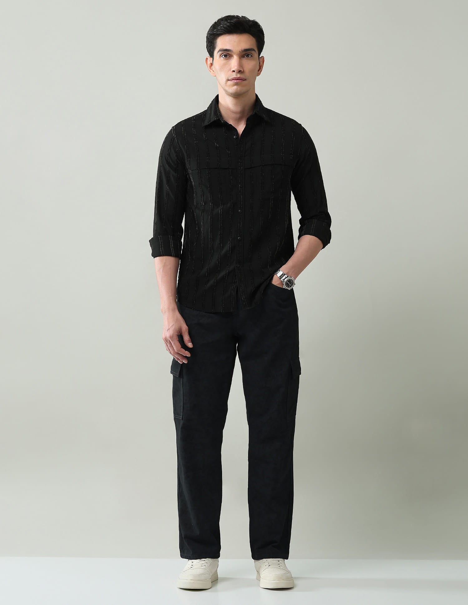 Noir Luxe Vertical Striped Slim Fit Dobby Weave Shirt