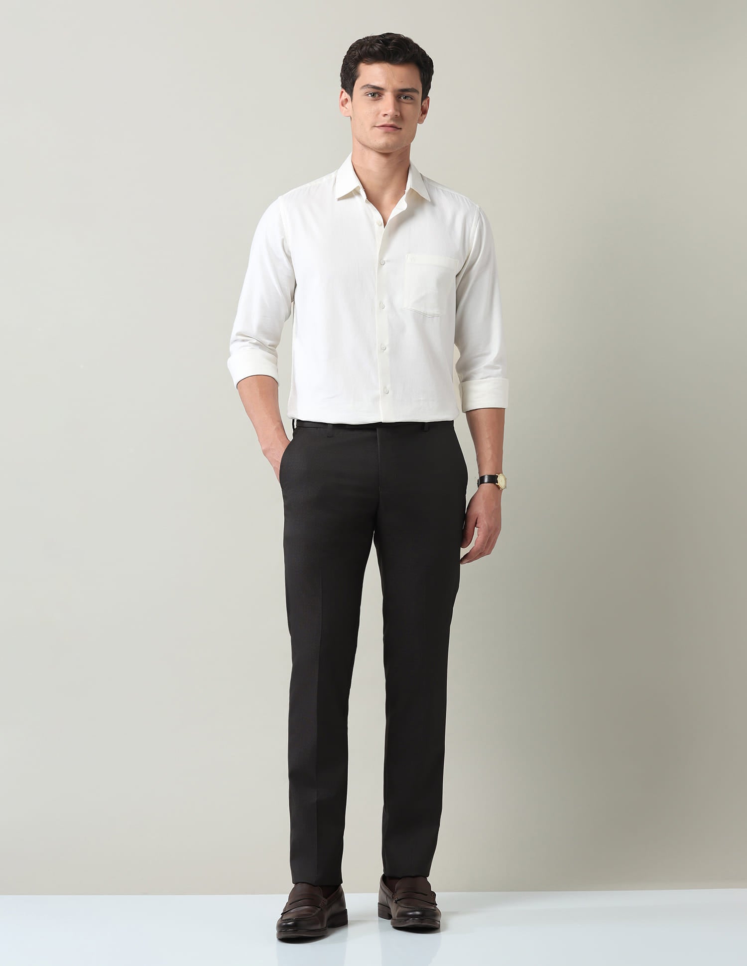 Work Essentials Solid Slim Fit Dobby Trousers