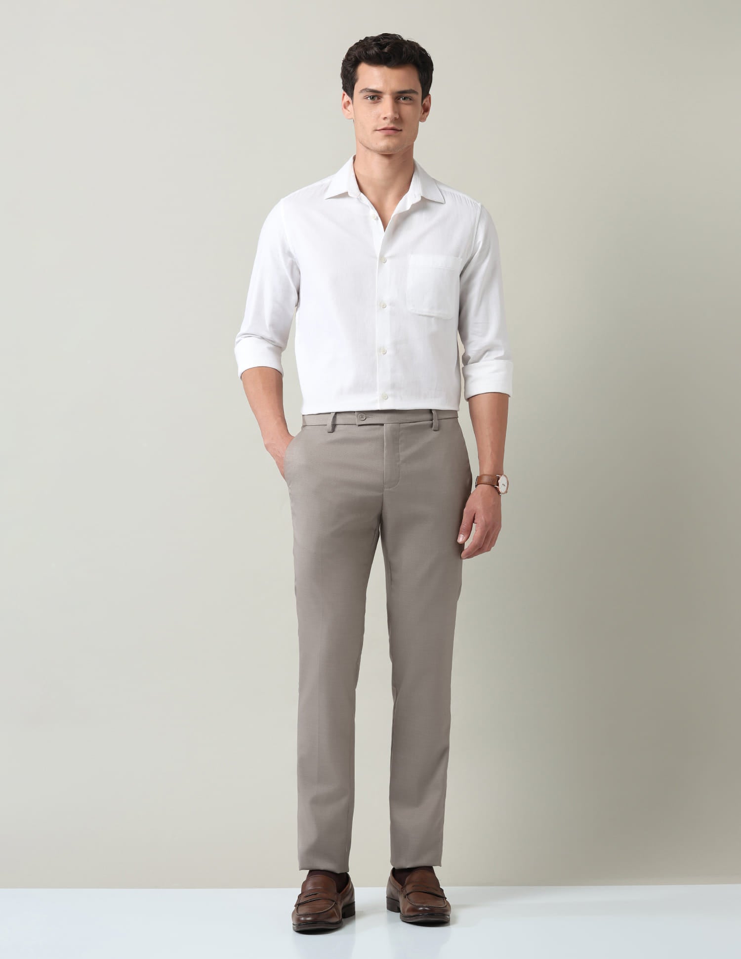 Work Essentials Solid Slim Fit Dobby Trousers