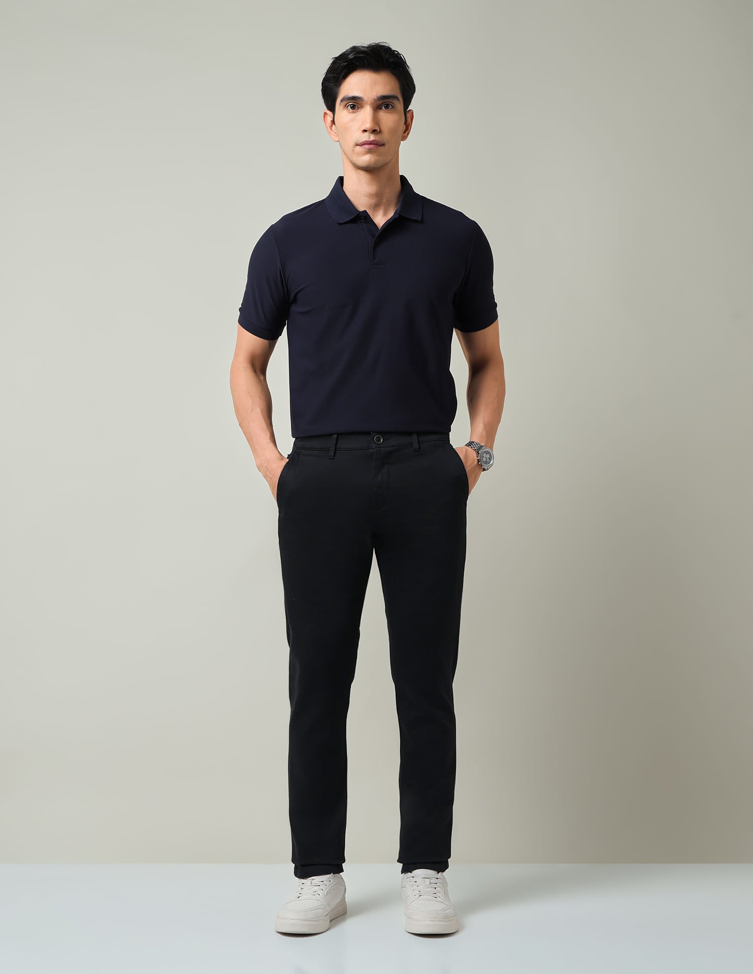 Work Essentials Solid Slim Fit Dobby Trousers