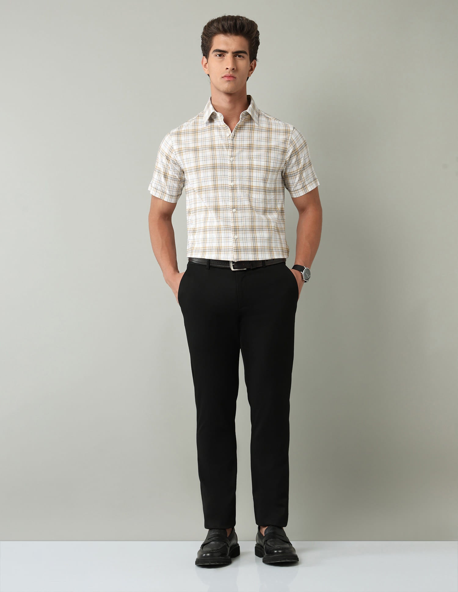 Beige Tartan Checked Regular Fit Shirt