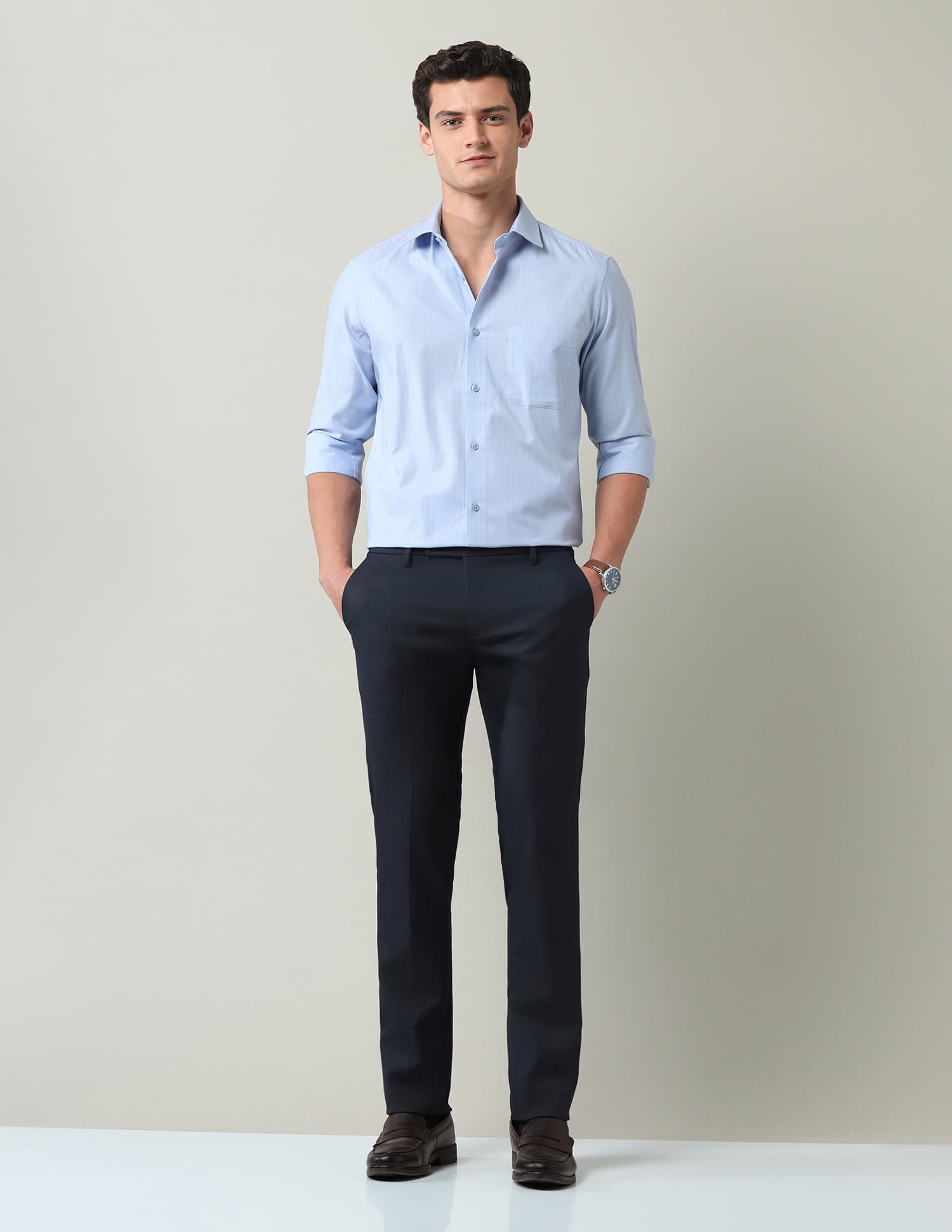Work Essentials Solid Slim Fit Dobby Trousers
