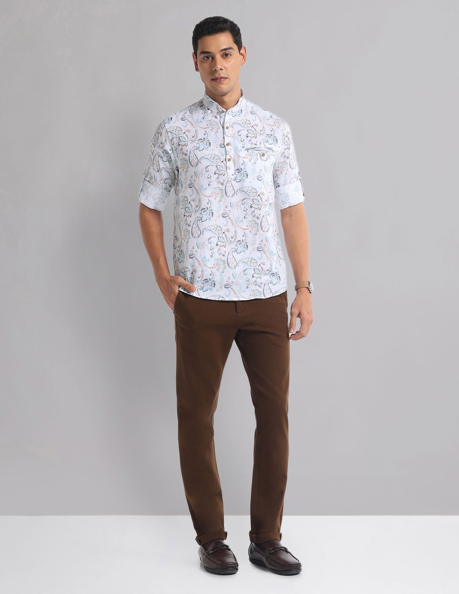 Weekend Paisley Print Mandarin Collar Indie Shirt