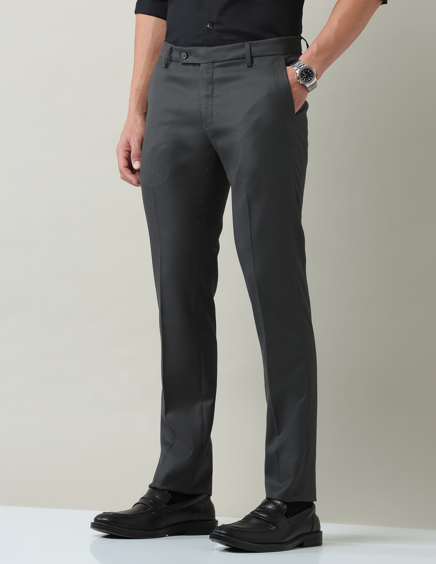 Work Essentials Solid Slim Fit Dobby Trousers